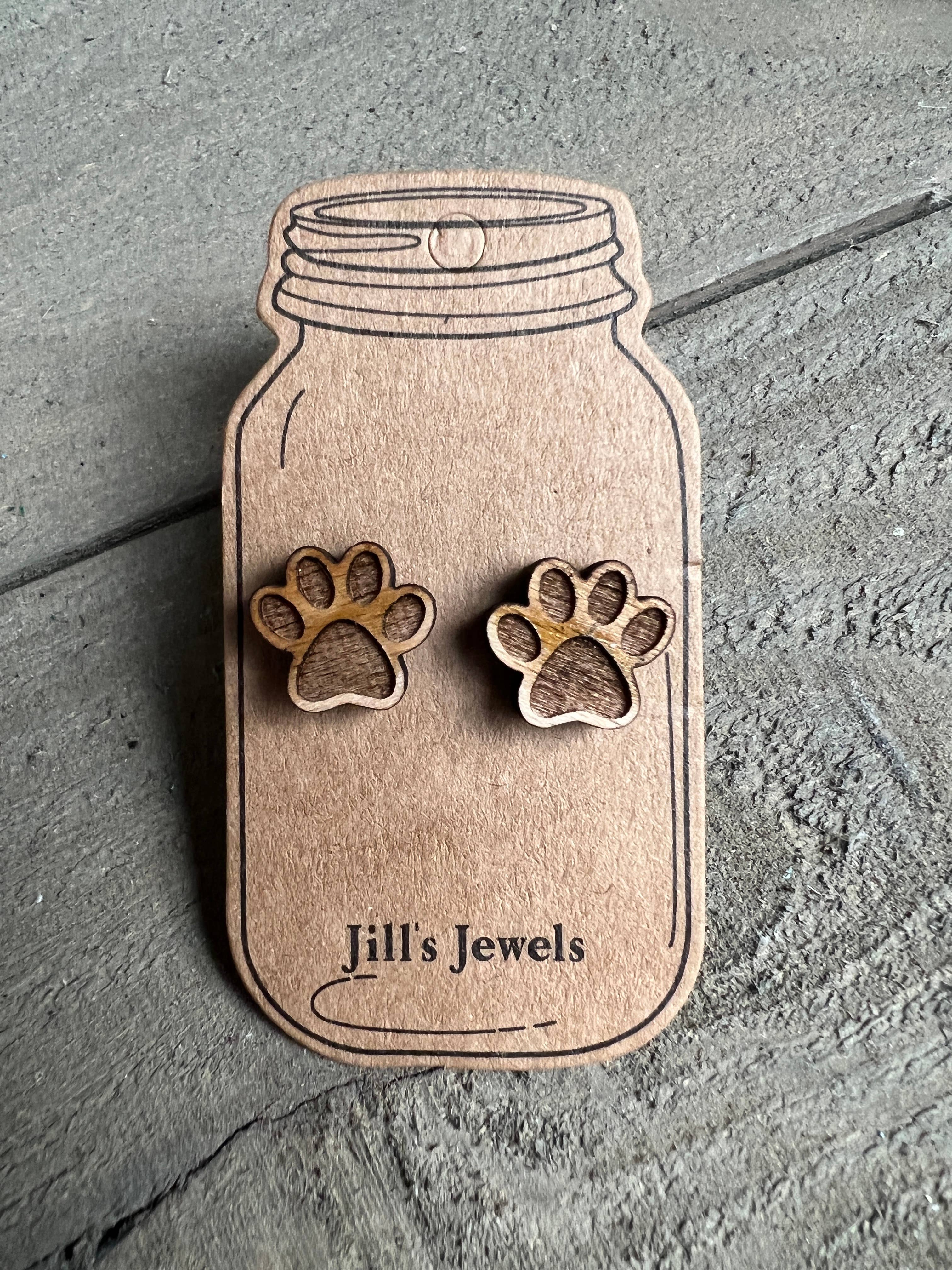 Wooden Dog Paw Stud Earrings