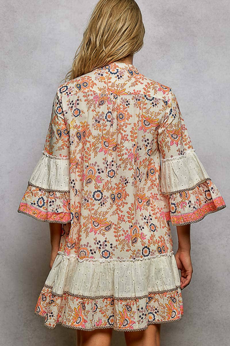 3/4 Sleeve Eyelet Contrast Printed Woven Dress
