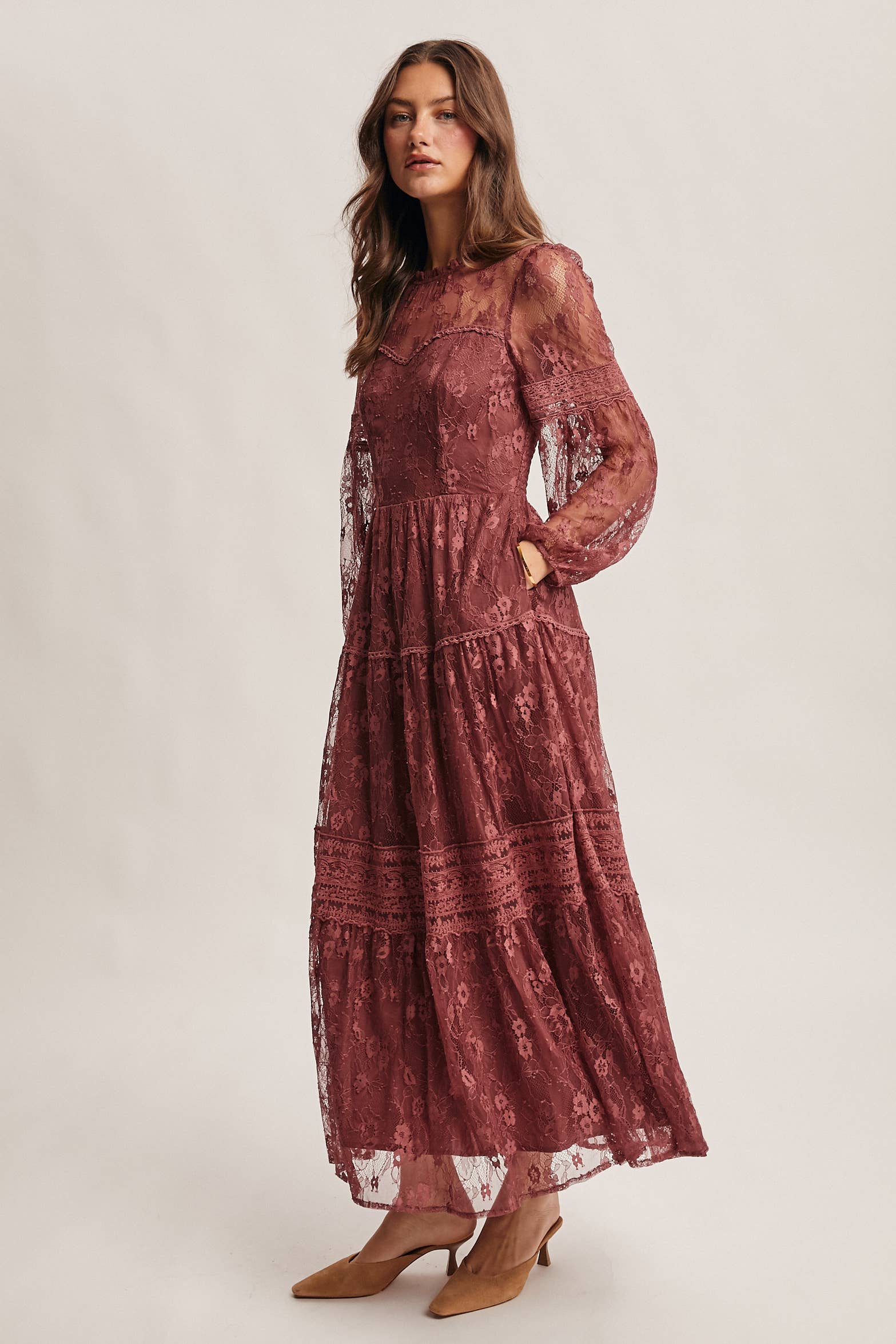 Tiered Long Sleeve Lace Maxi Dress