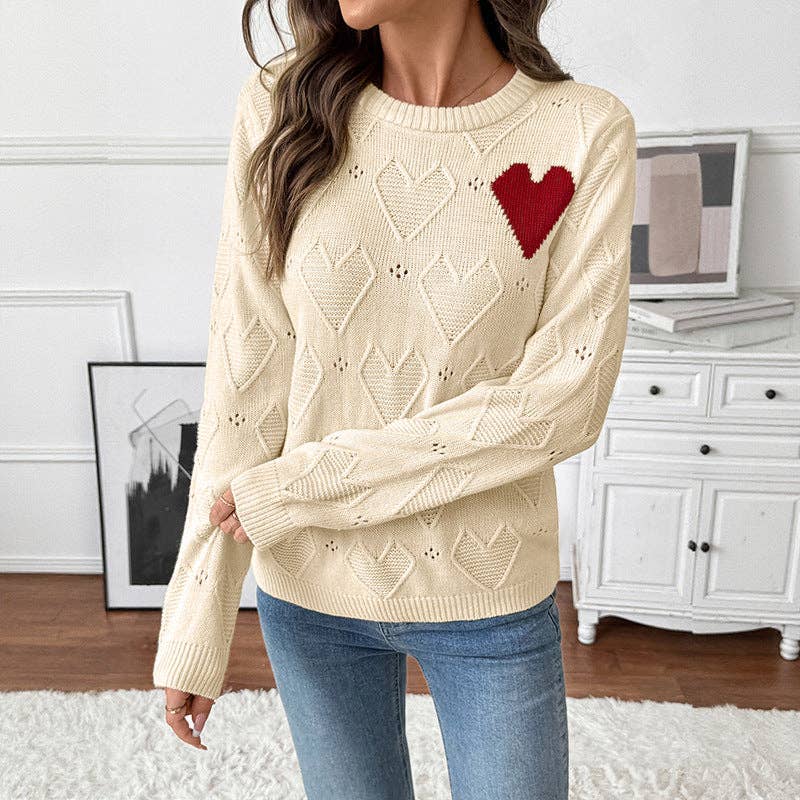 Apricot Round Neck Heart Print Valentine Sweater