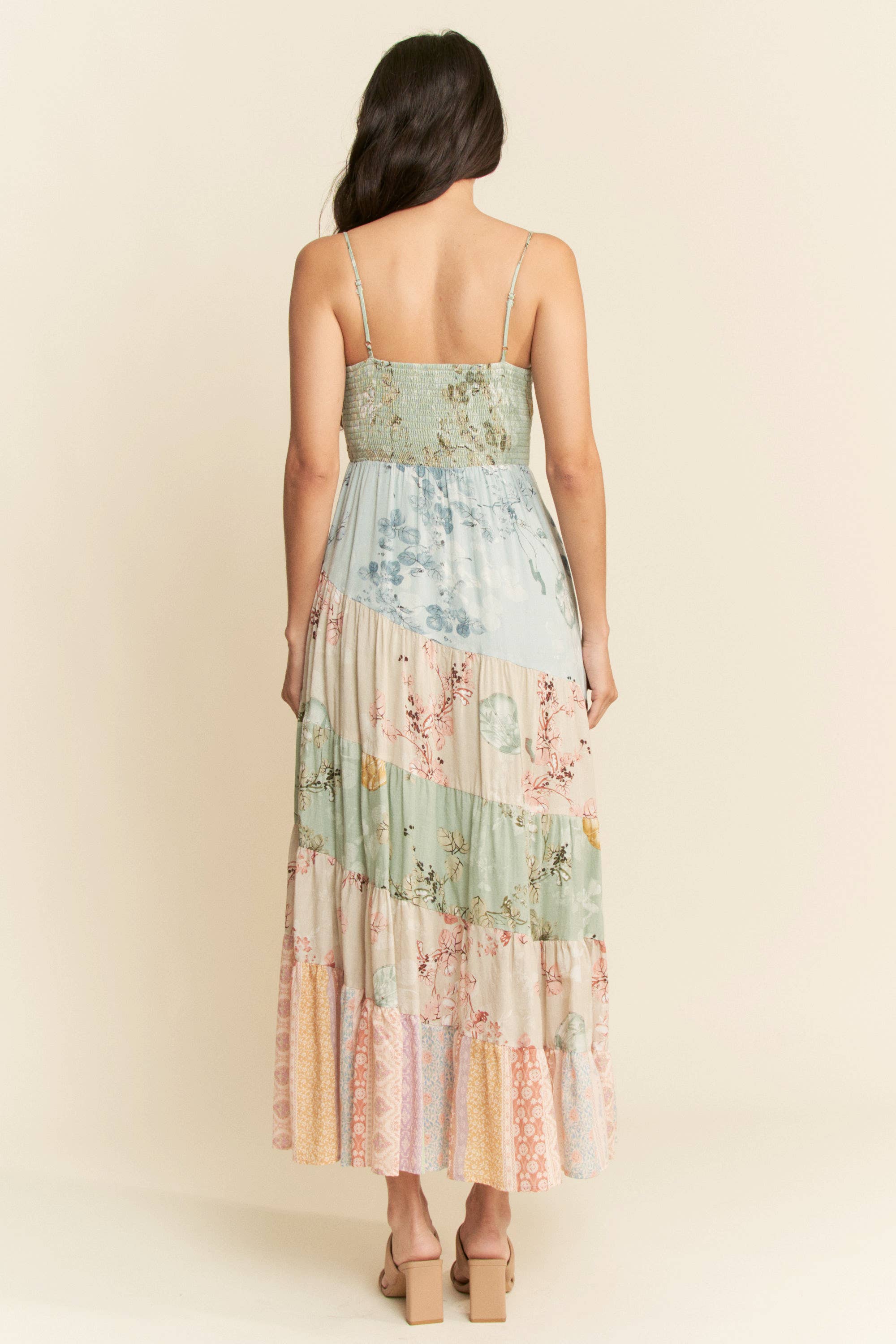 ETHNIC FLORAL MIX MATCHED TIERED MAXI DRESS