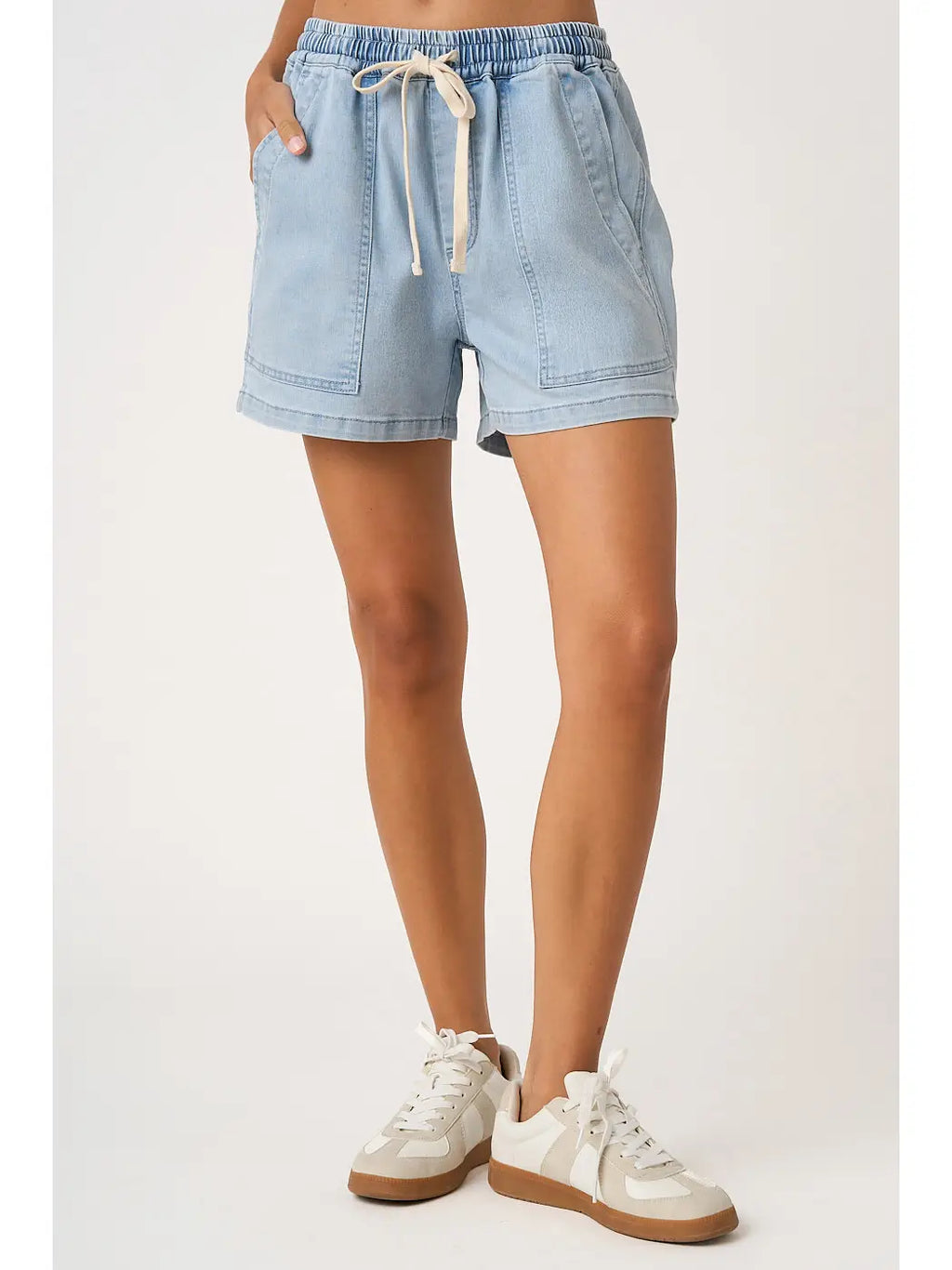 Washed Denim Drawstring Patch Pocket Shorts
