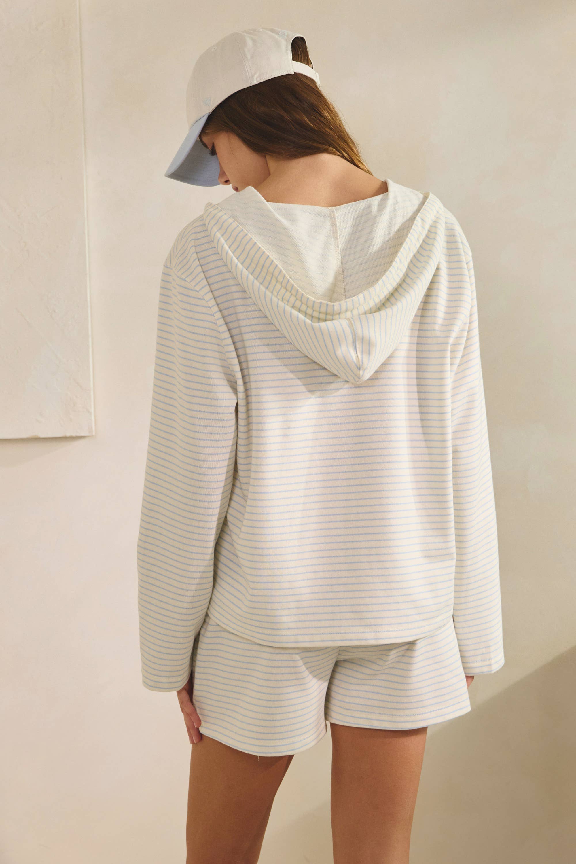 HT3319 Babe Striped Front Pocket Lounge Hoodie Top