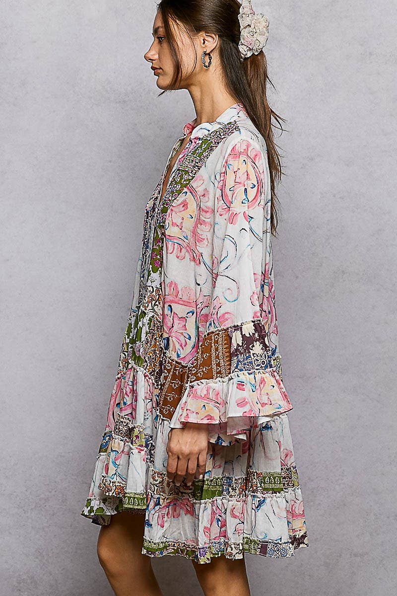 Printed Woven V-Neck Long Sleeve Dress