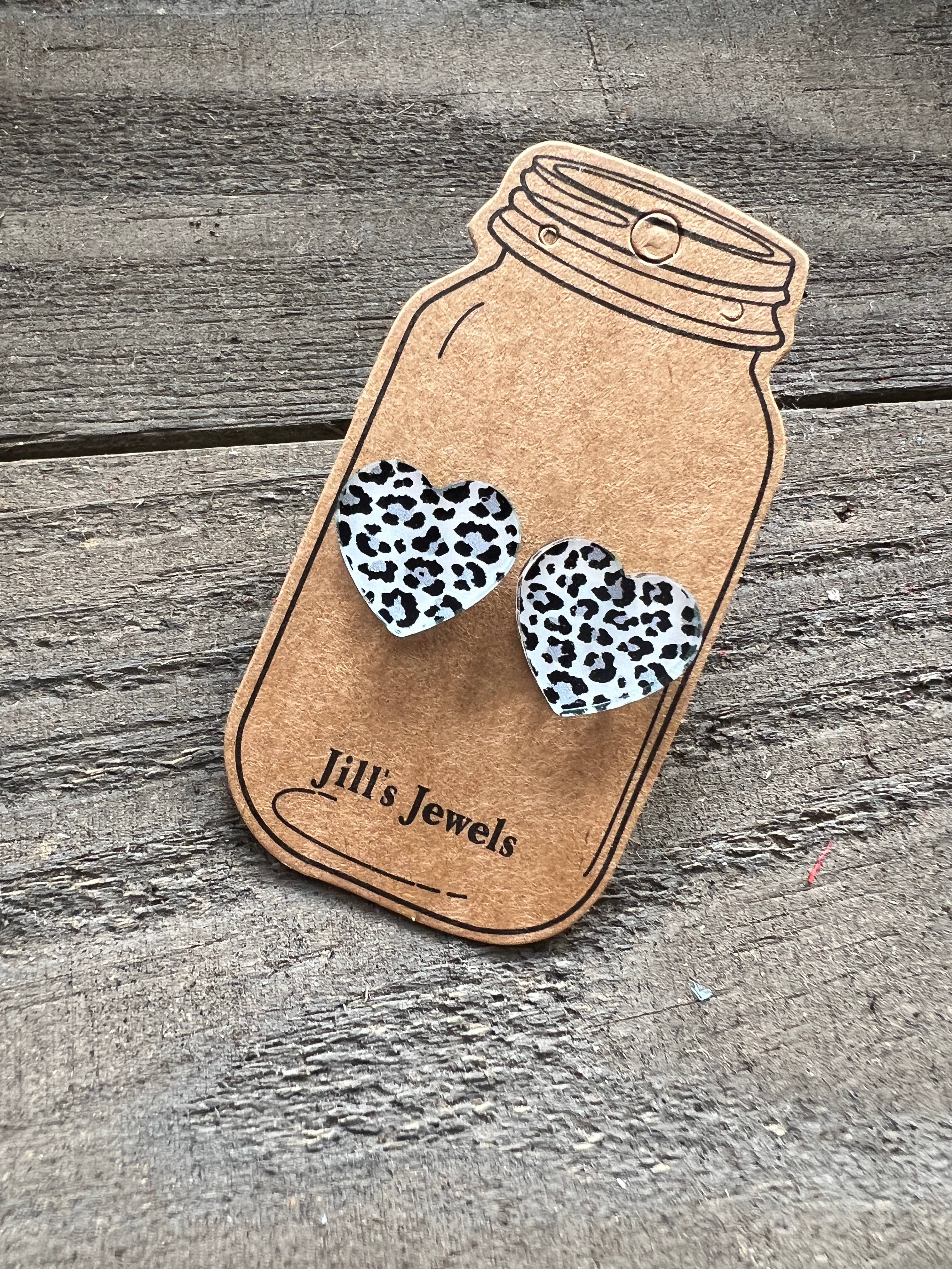 Snow Leopard  Valentines Heart Stud Earrings  