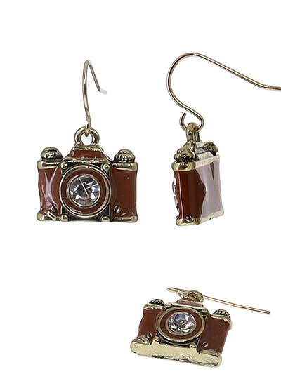 Crystal Lens Brown_Brass Film Camera Retro Earrings