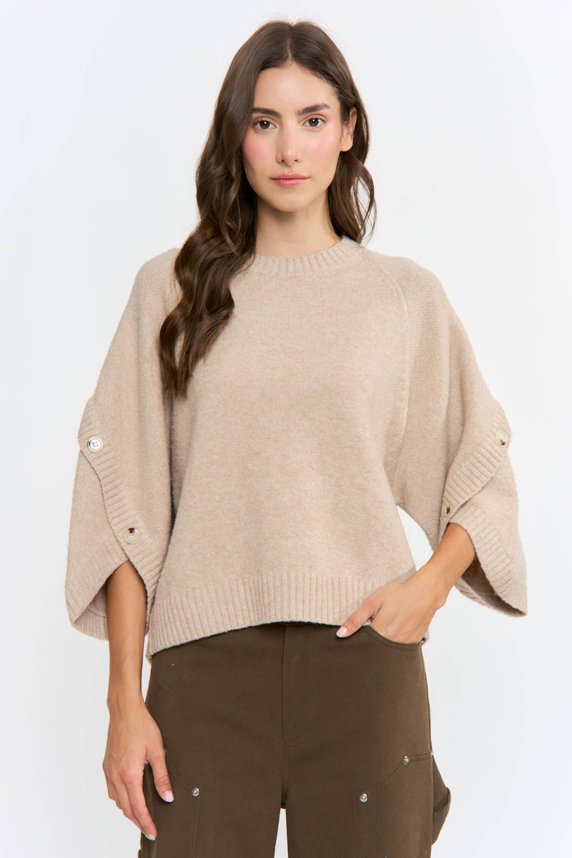 BUTTON SLEEVE KNIT PULLOVER