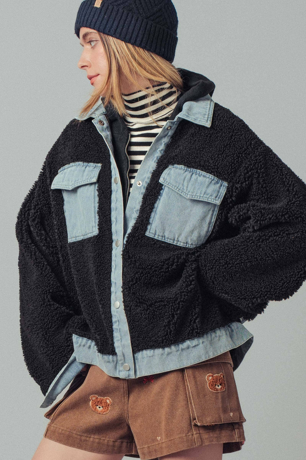 Denim Contrast Sherpa Mixed-Media Shacket