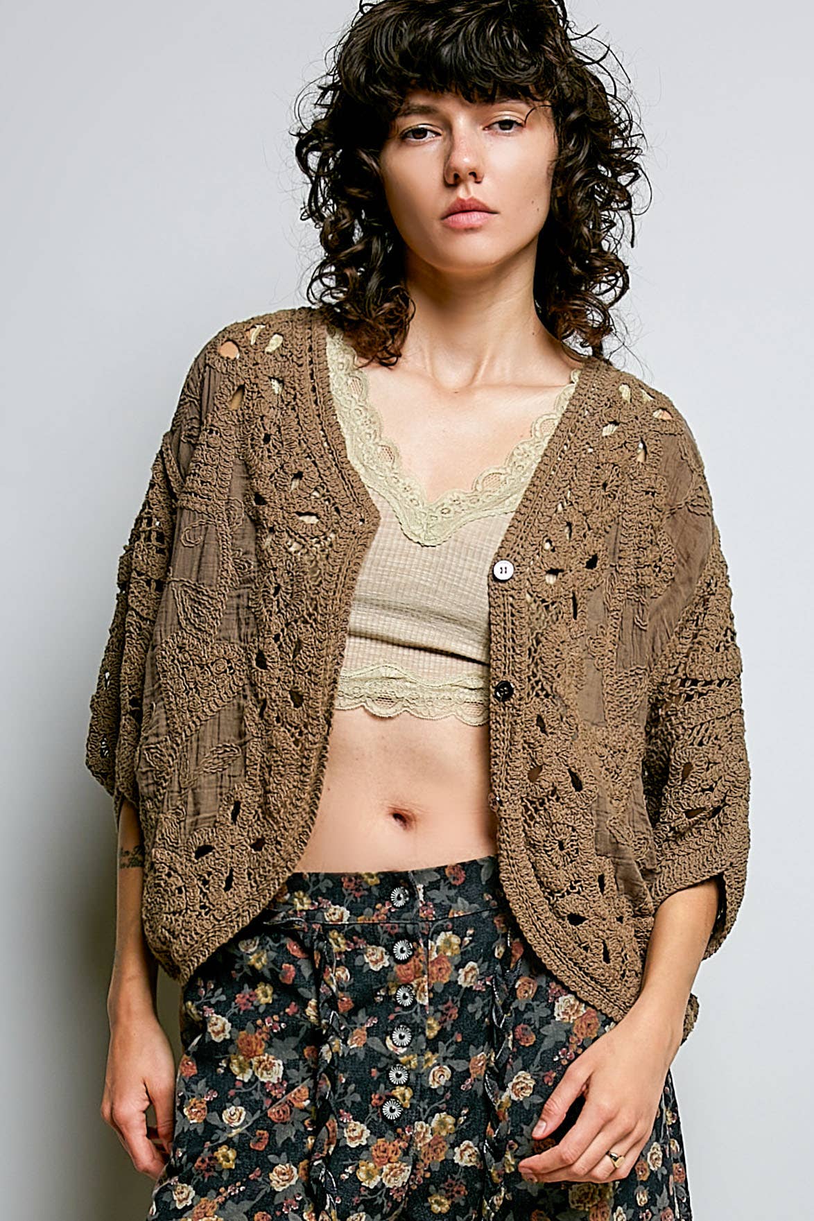 Batwing Sleeve Button Down Solid Crochet Cardigan Top