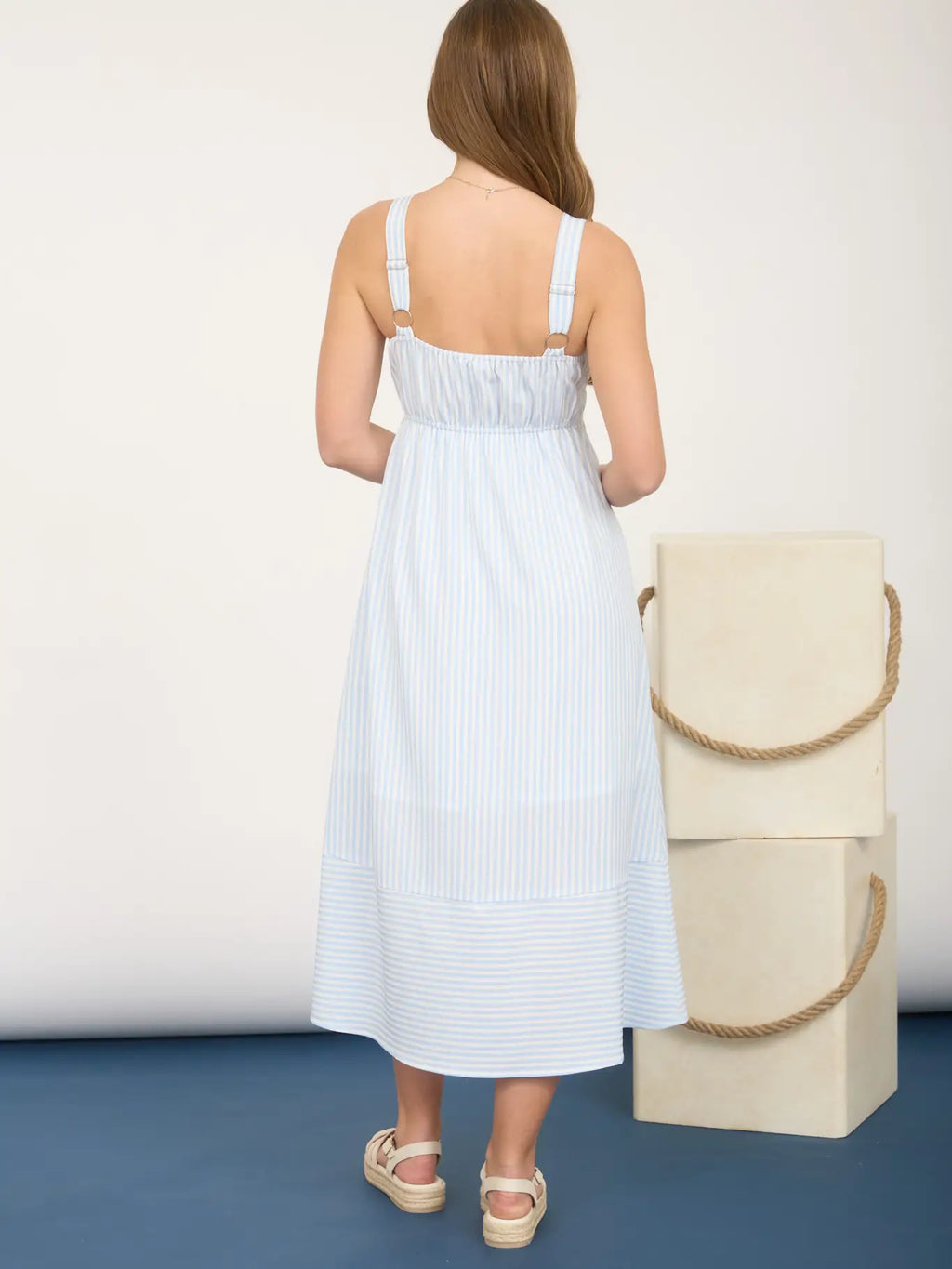 Stripe Sweetheart Button Down Sleeveless Midi Dress