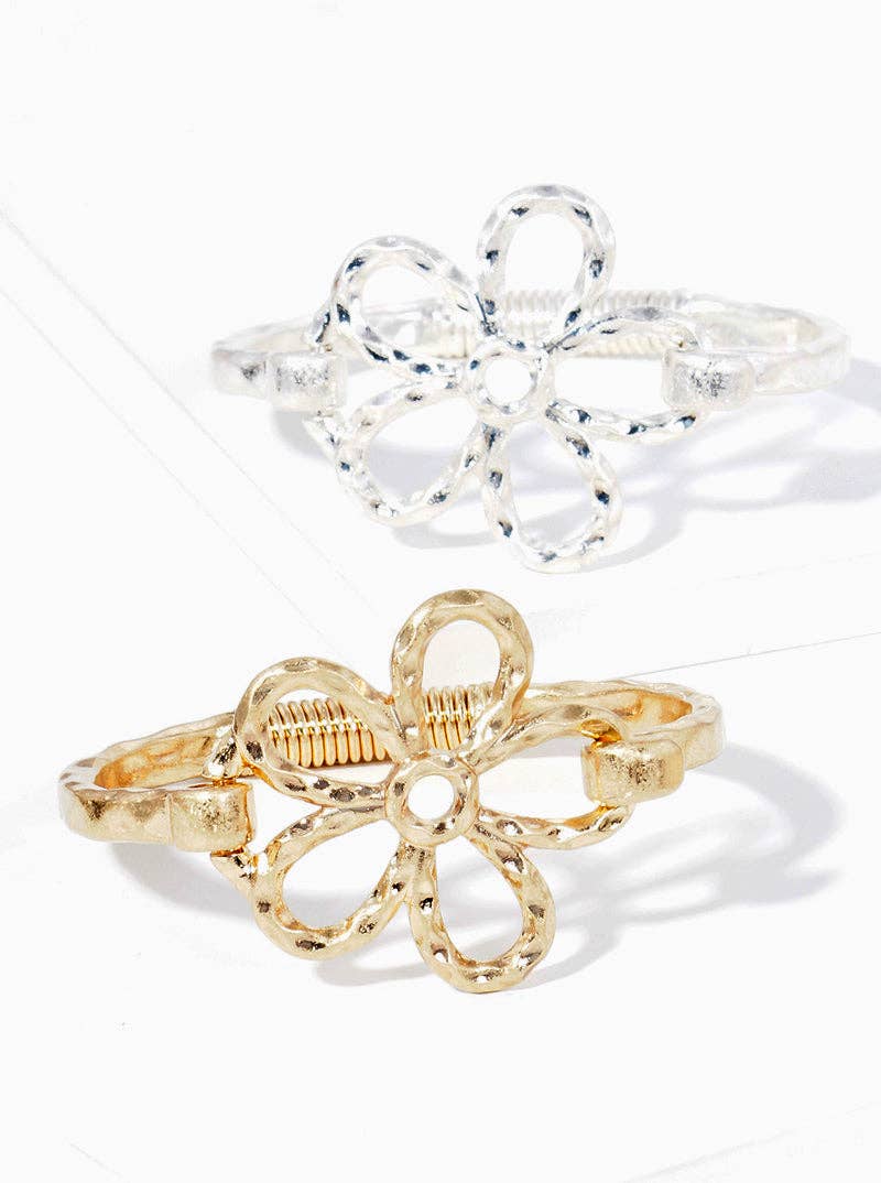 Hammered Metal Flower Hook Bangle Bracelet