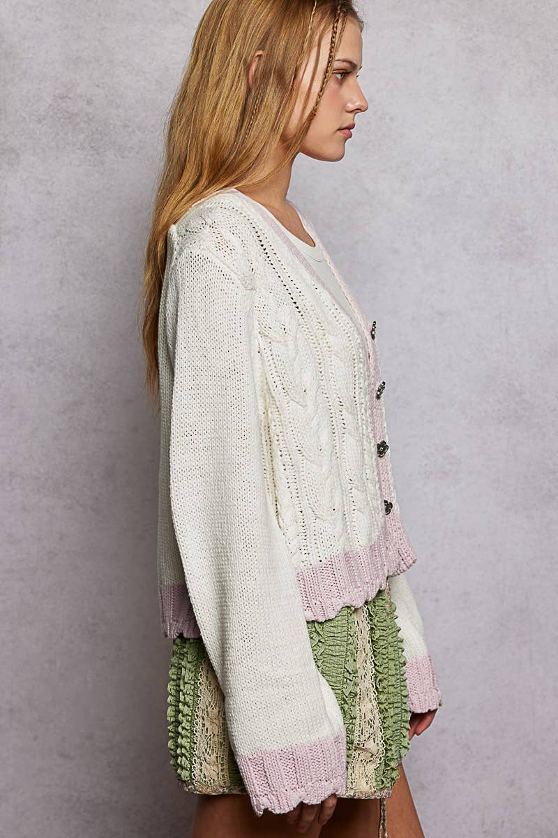 Long Sleeve Varied Cable Knit Contrast Thin Sweater Cardigan