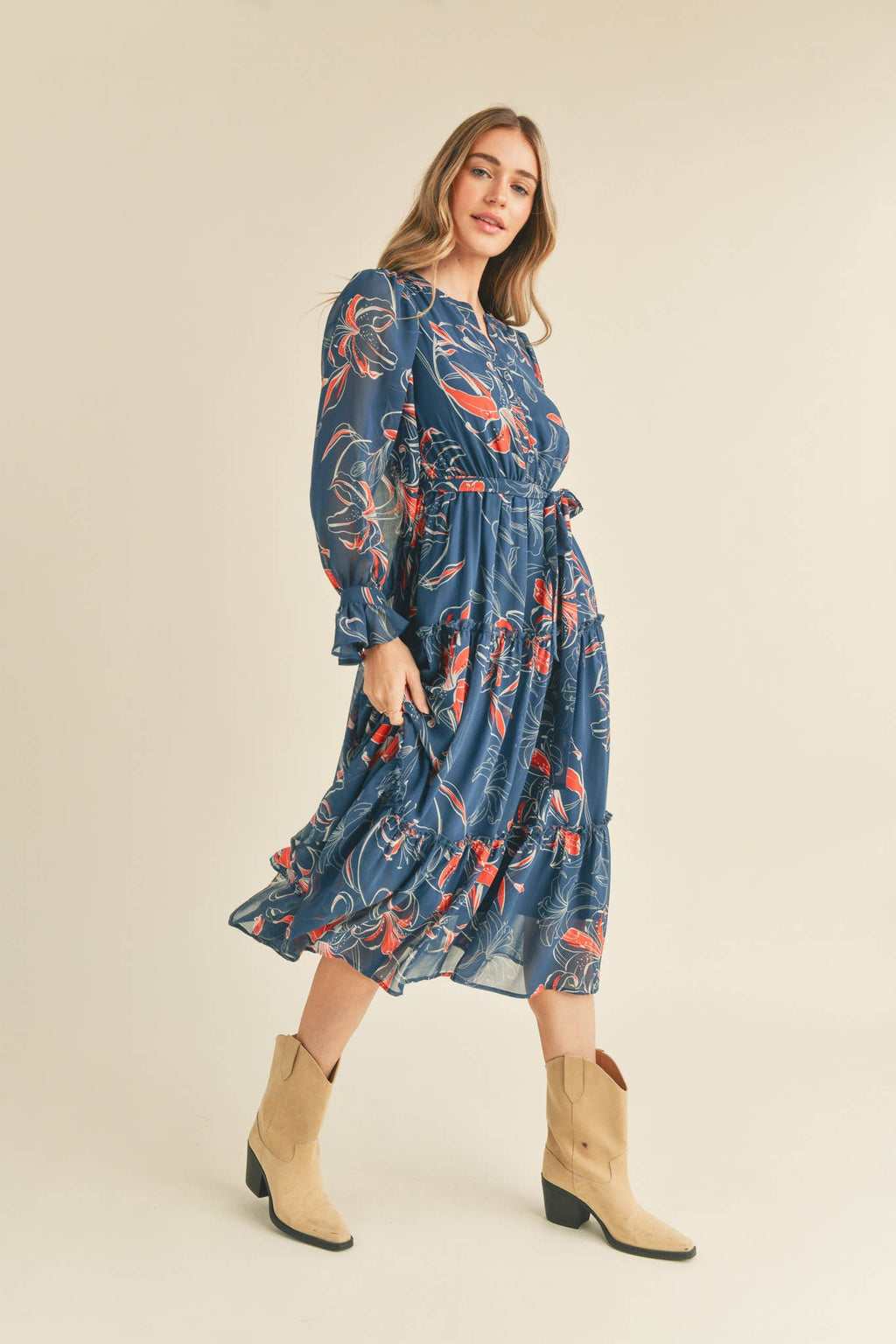 EXCLUSIVE PRINT TIERED BUTTON DOWN MIDI DRESS
