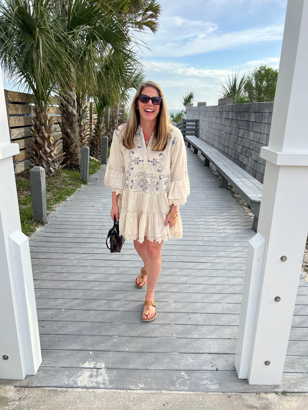 Linen 3/4 Sleeve V-Neck Lace Embroidery Dress