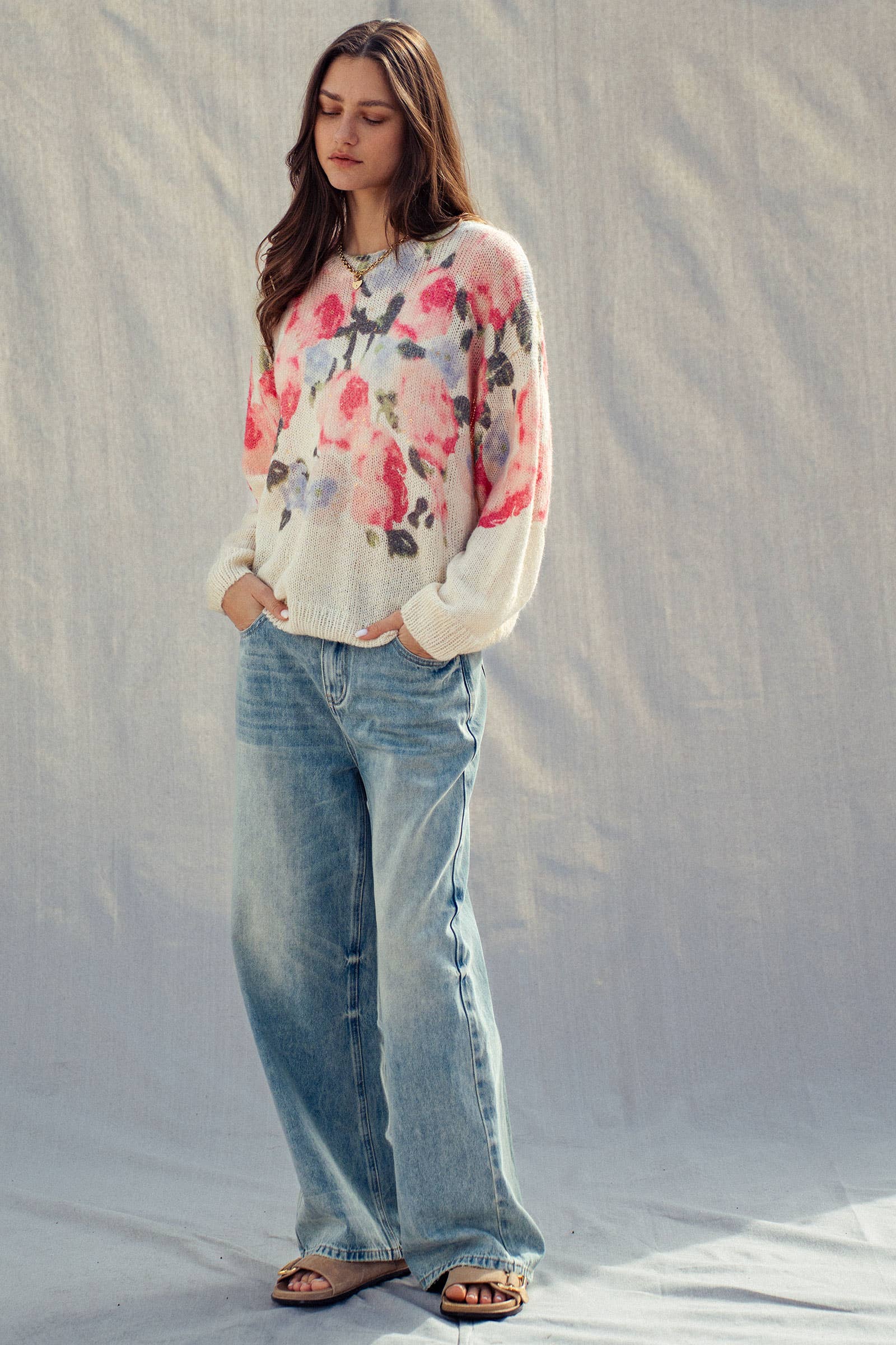 Oversized Floral Print Soft Knit Sweater