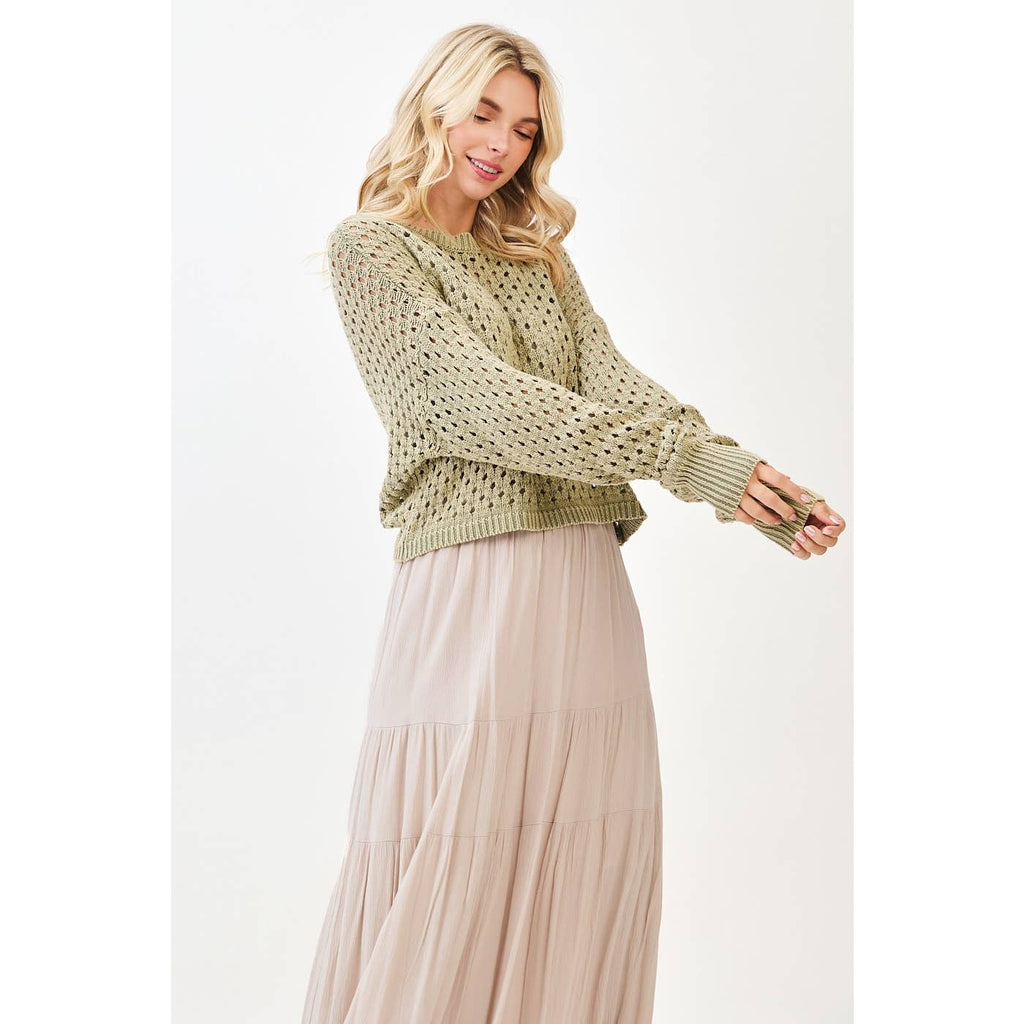 MINERAL WASH OPEN KNIT LONG SLEEVE SWEATER TOP