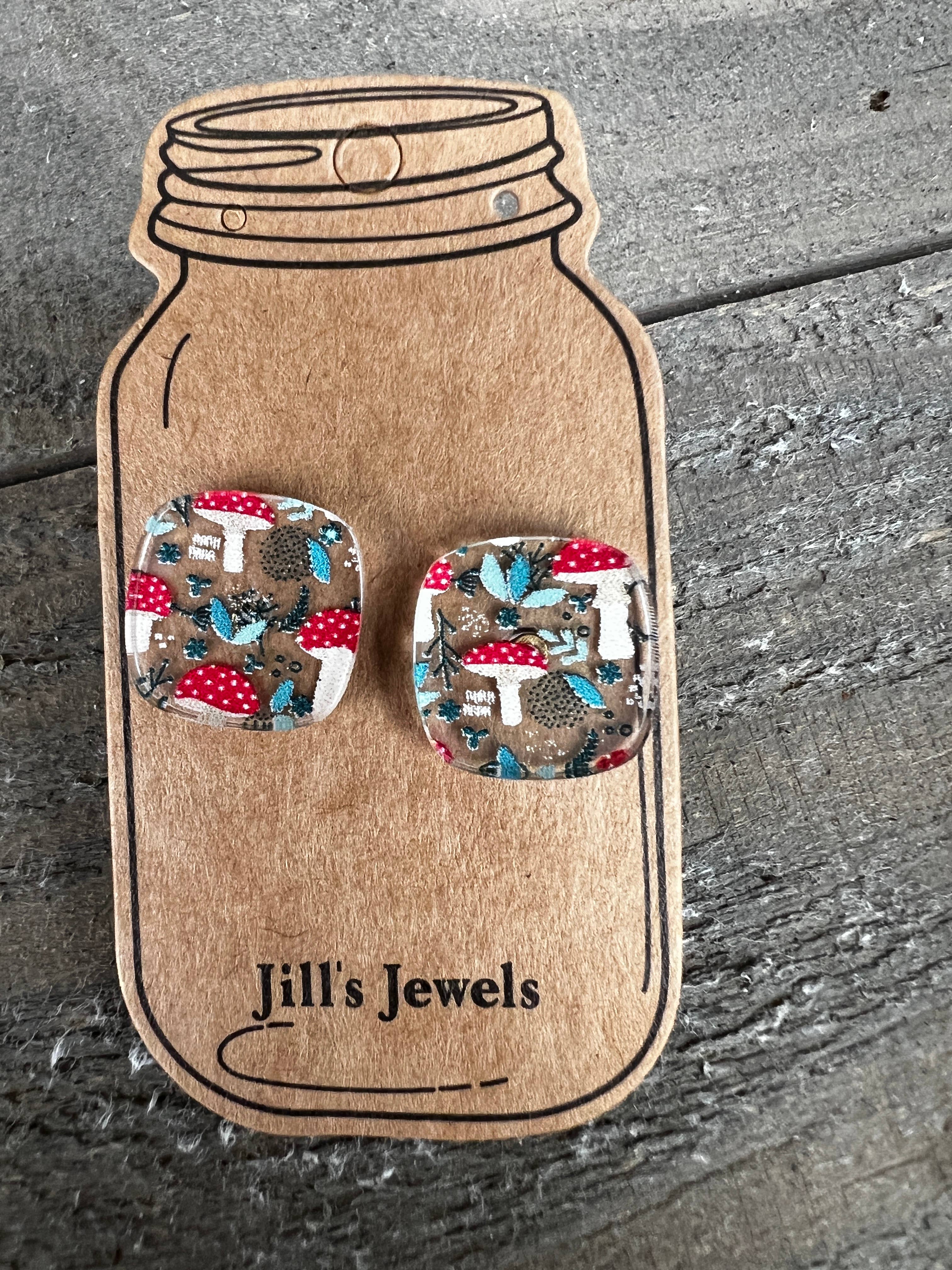 Red Mushroom Square Boho Stud Earrings