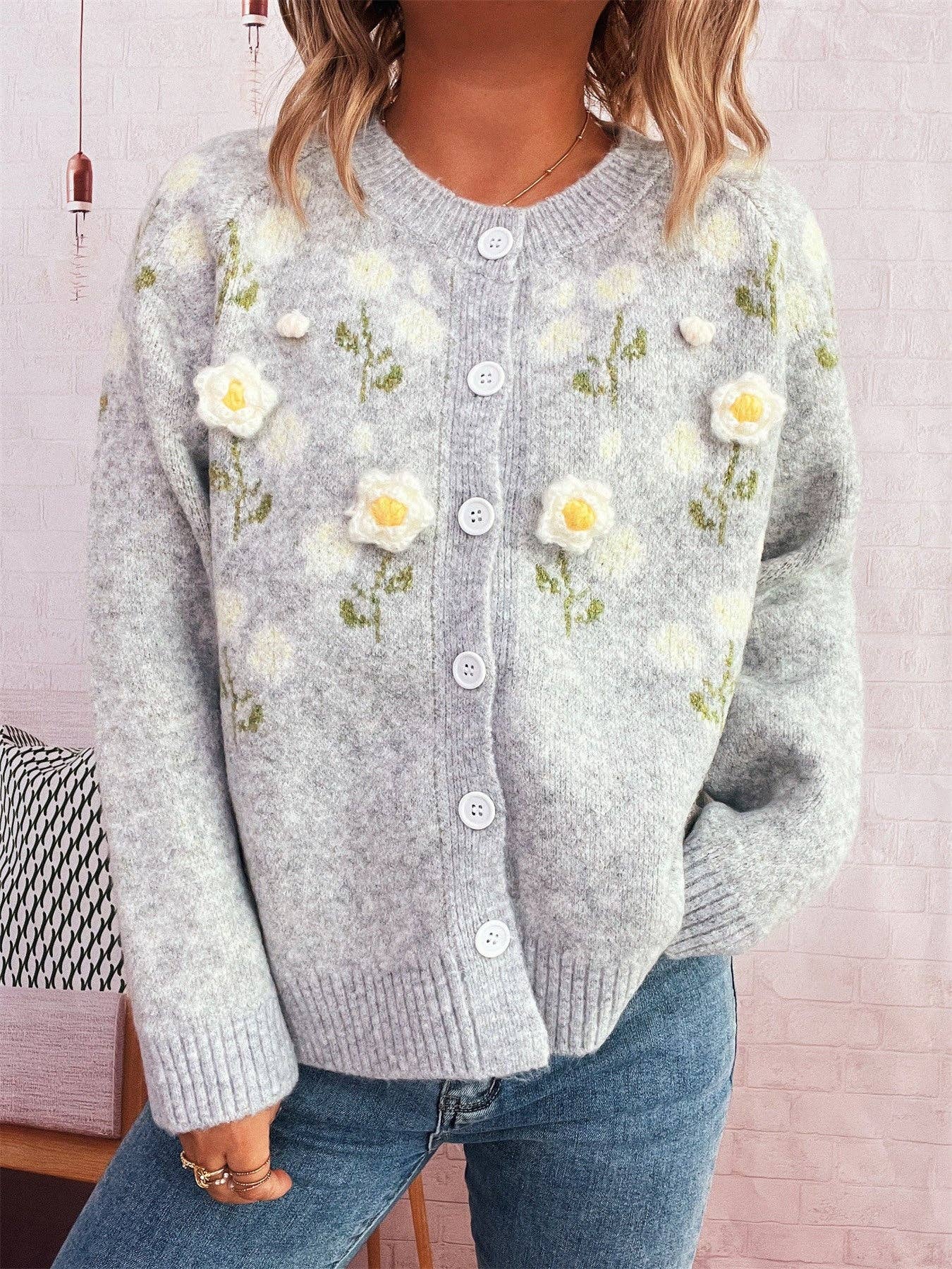 Women's Floral Embroidered 3D Flower Sweater Cardigan
