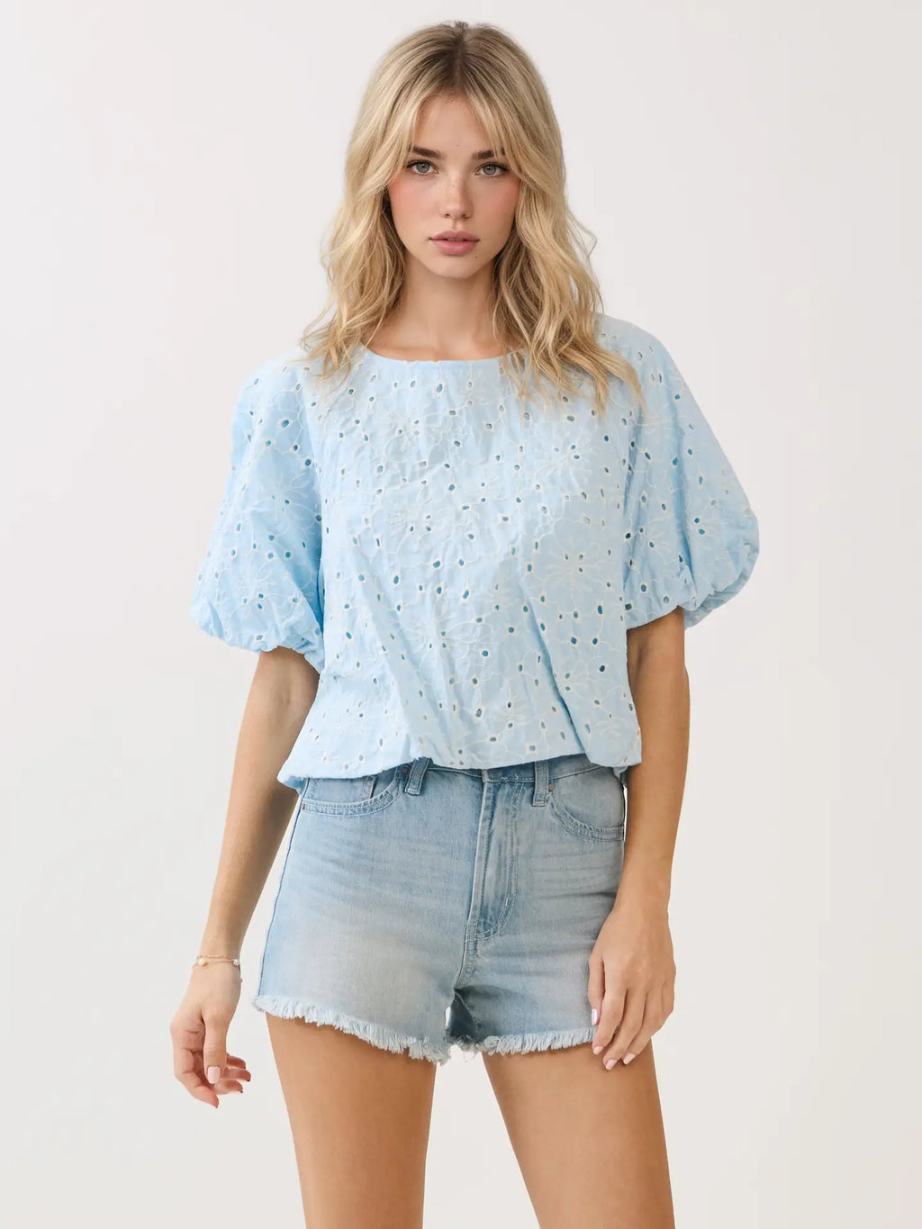 Embroidered Eyelet Bubble Sleeves Blouse