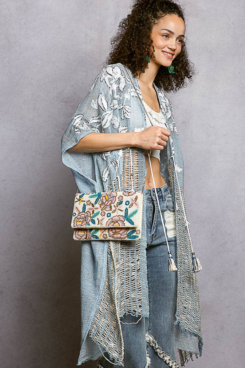 Floral Beaded Chain Strap Ivory Mini Shoulder Bag