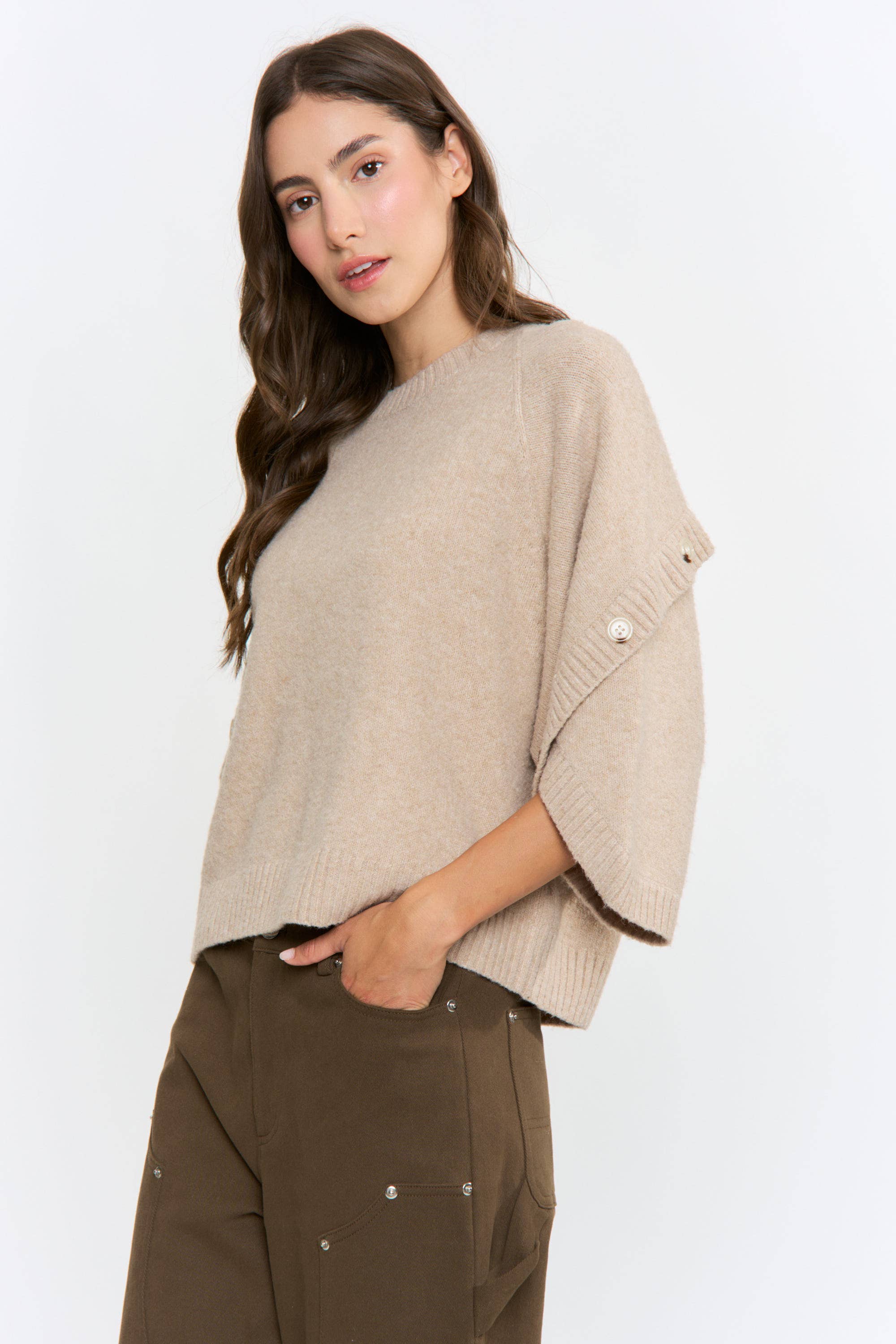 BUTTON SLEEVE KNIT PULLOVER