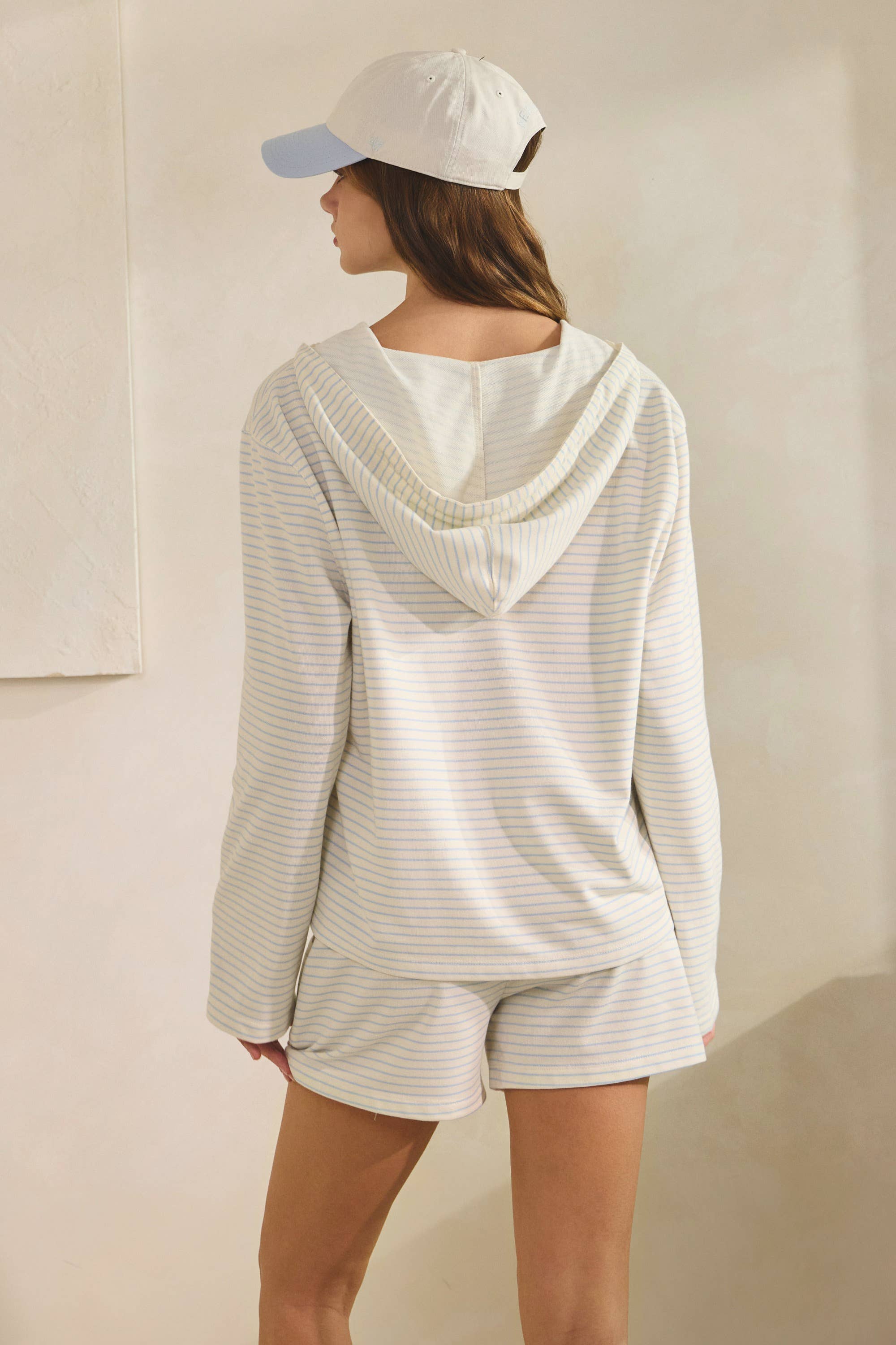 HT3319 Babe Striped Front Pocket Lounge Hoodie Top