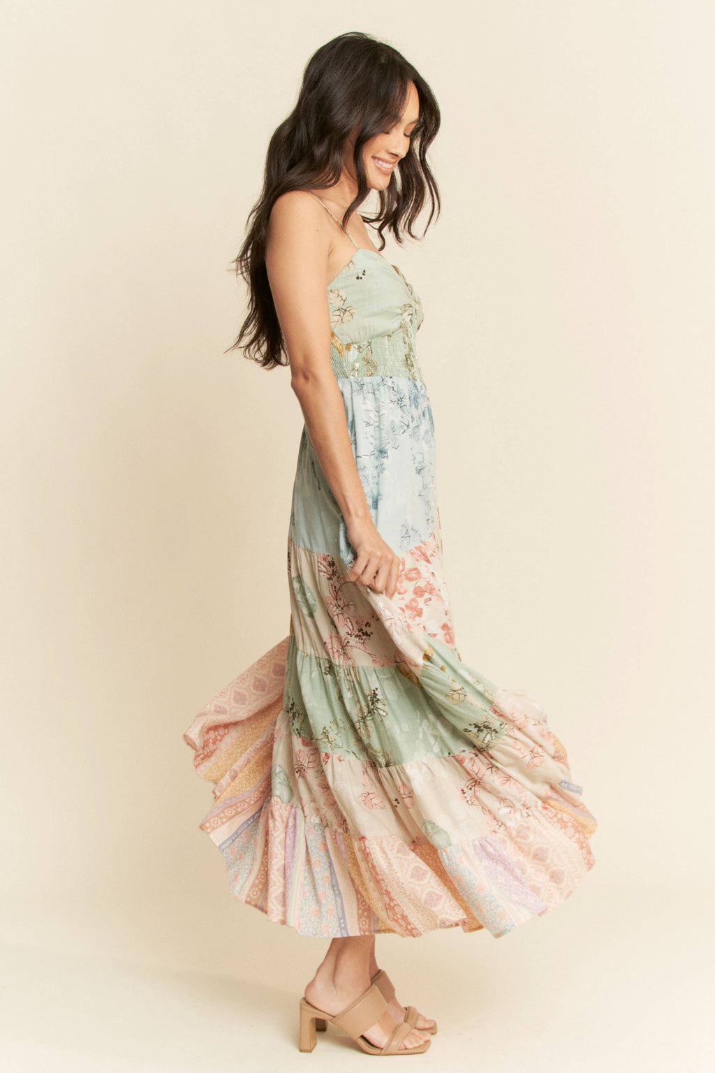 ETHNIC FLORAL MIX MATCHED TIERED MAXI DRESS