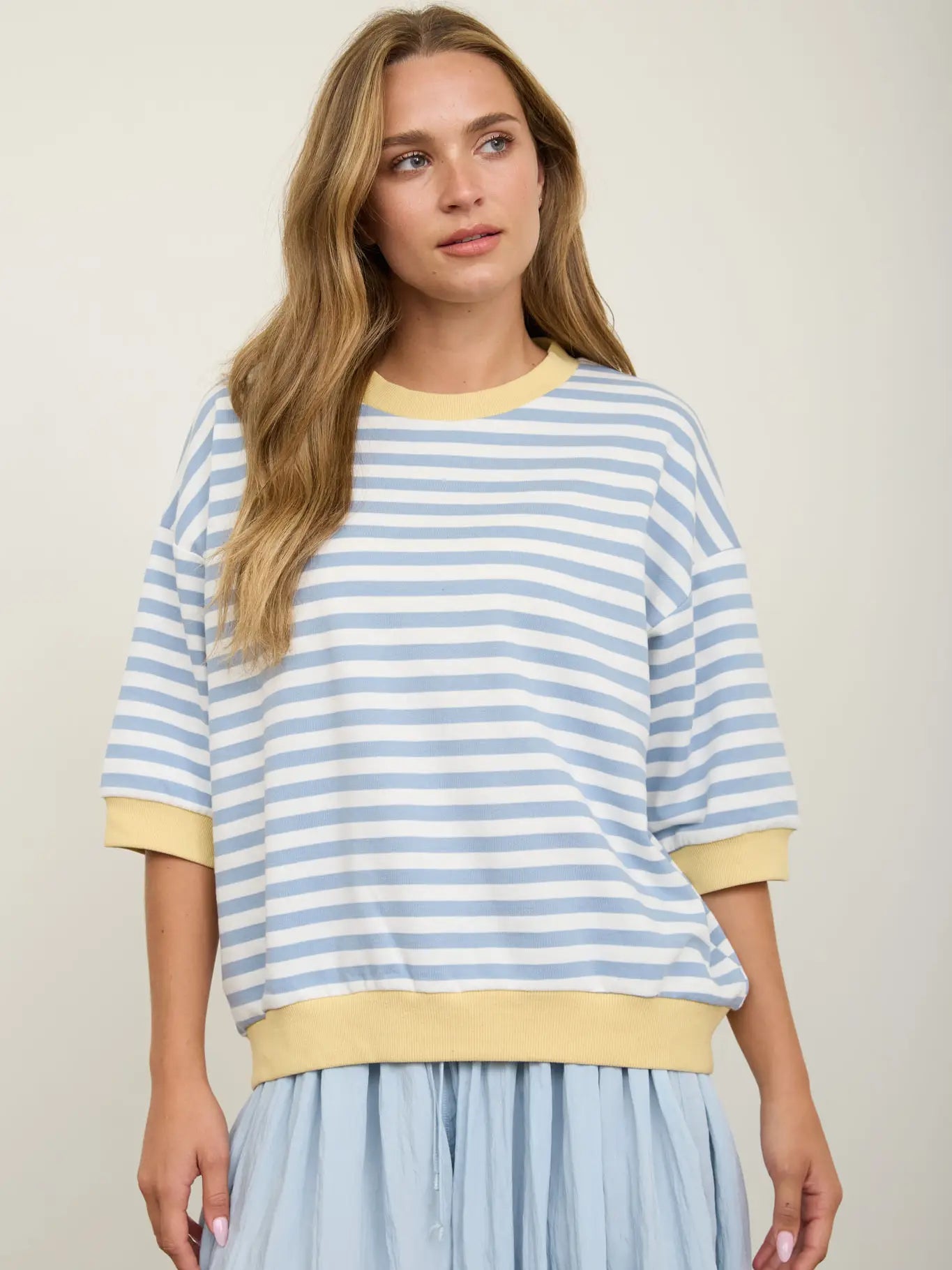 Colorblock Trim Stripe Short Drop Sleeve Knit Top