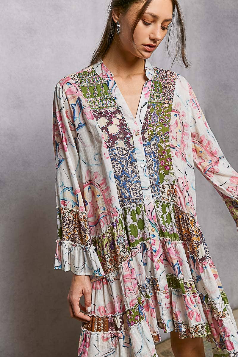 Printed Woven V-Neck Long Sleeve Dress