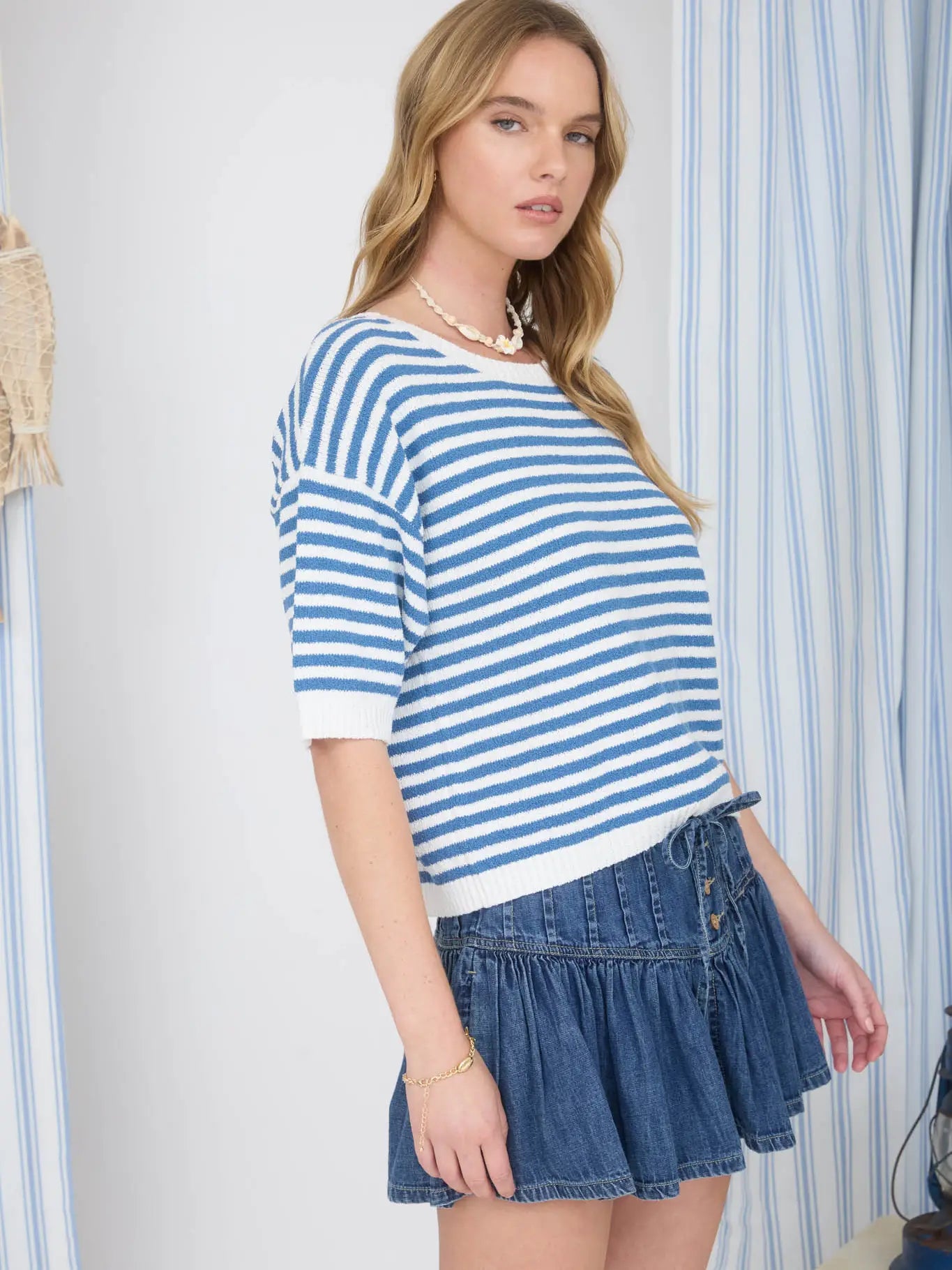 Stripe Contrast Trim Short Sleeve Knit Sweater