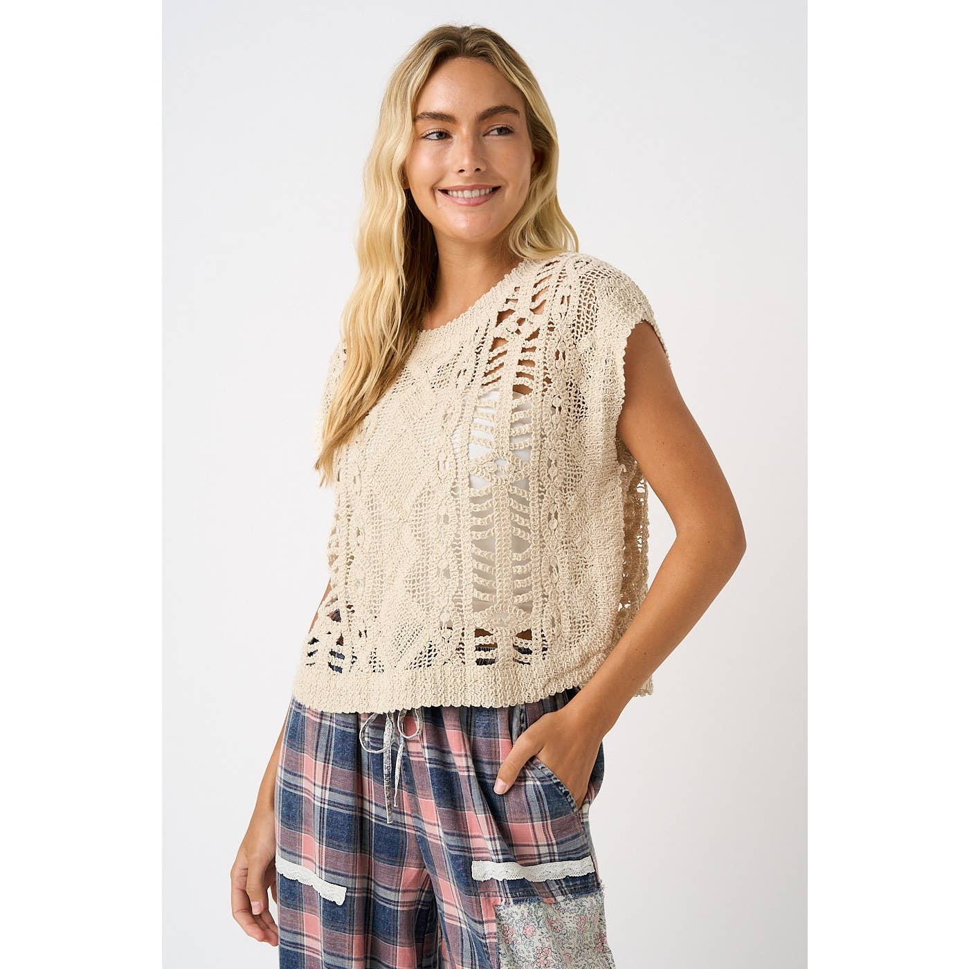 CROCHET OPEN KNIT SHORT SLEEVE SWEATER TOP