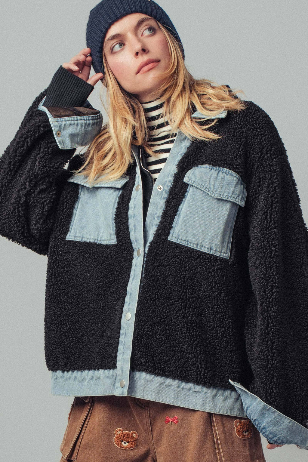 Denim Contrast Sherpa Mixed-Media Shacket