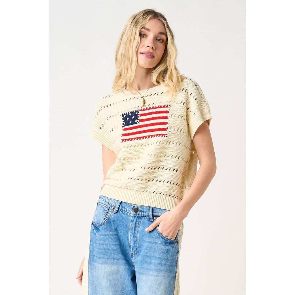 AMERICAN FLAG PATCH SHORT SLEEVE KNIT SWEATER TOP