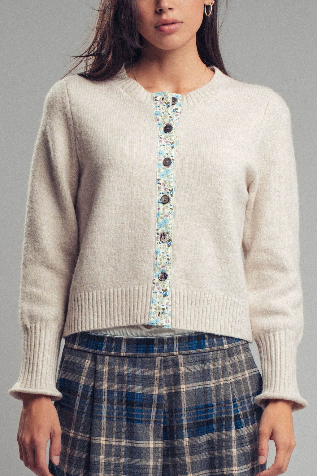 Floral Trim Wool Blend Cardigan