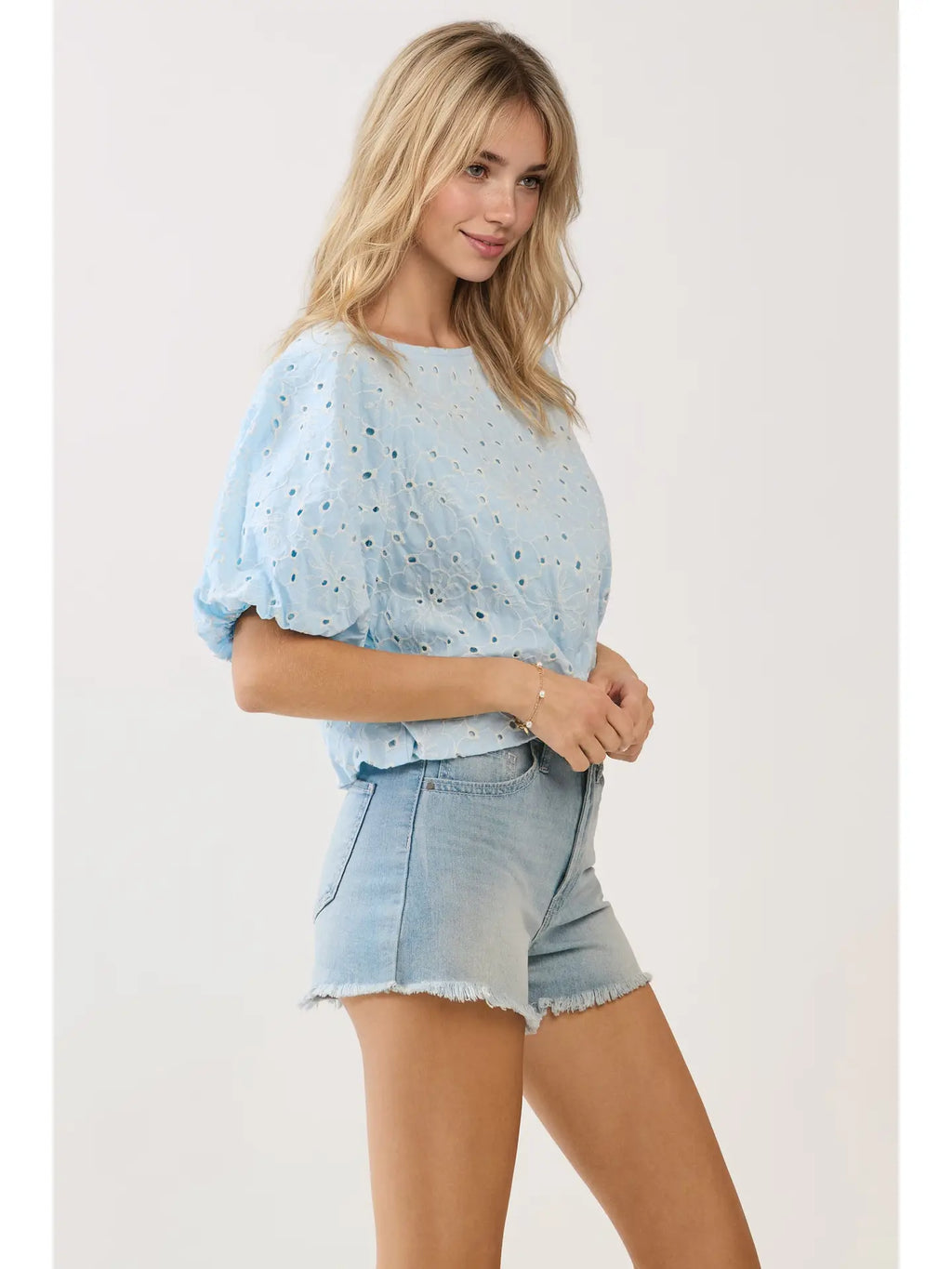 Embroidered Eyelet Bubble Sleeves Blouse