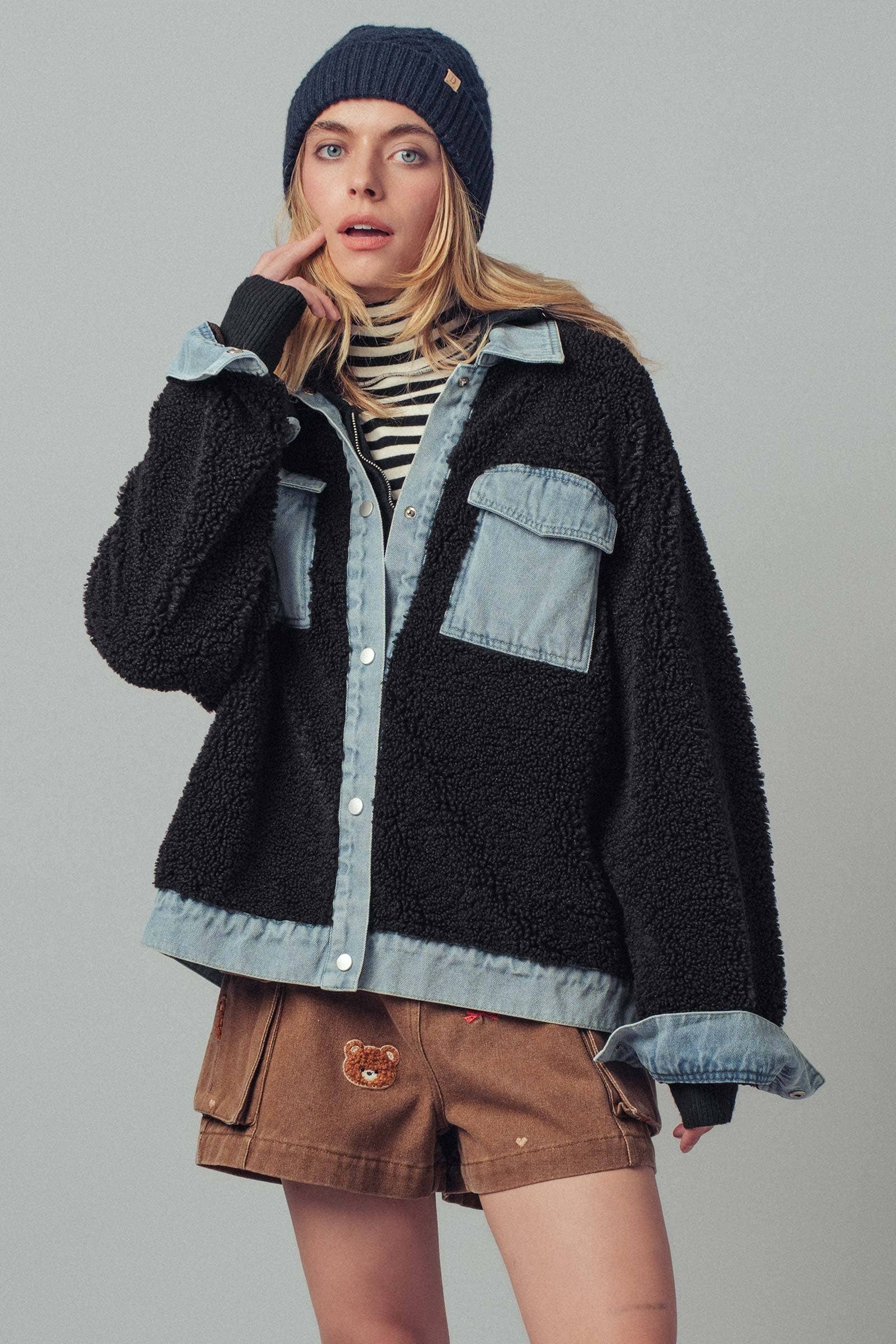 Denim Contrast Sherpa Mixed-Media Shacket