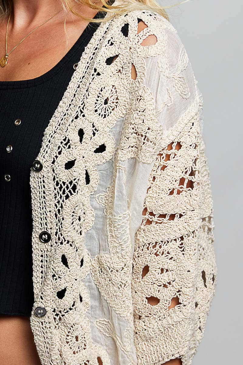Batwing Sleeve Button Down Solid Crochet Cardigan Top