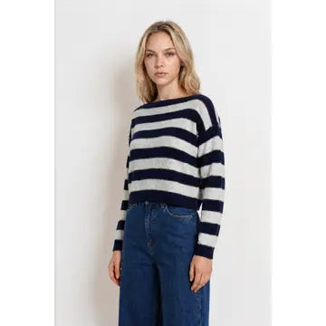 Stripe Exposed Seam Long Sleeve Cropped Sweater