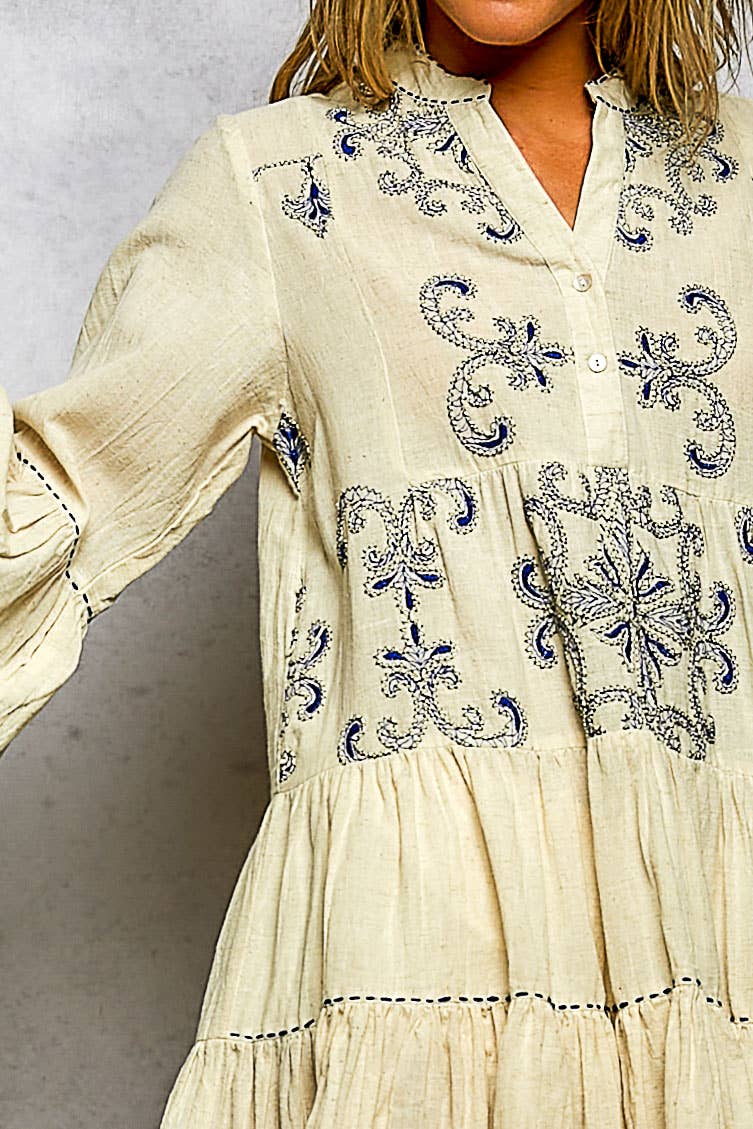 Linen 3/4 Sleeve V-Neck Lace Embroidery Dress