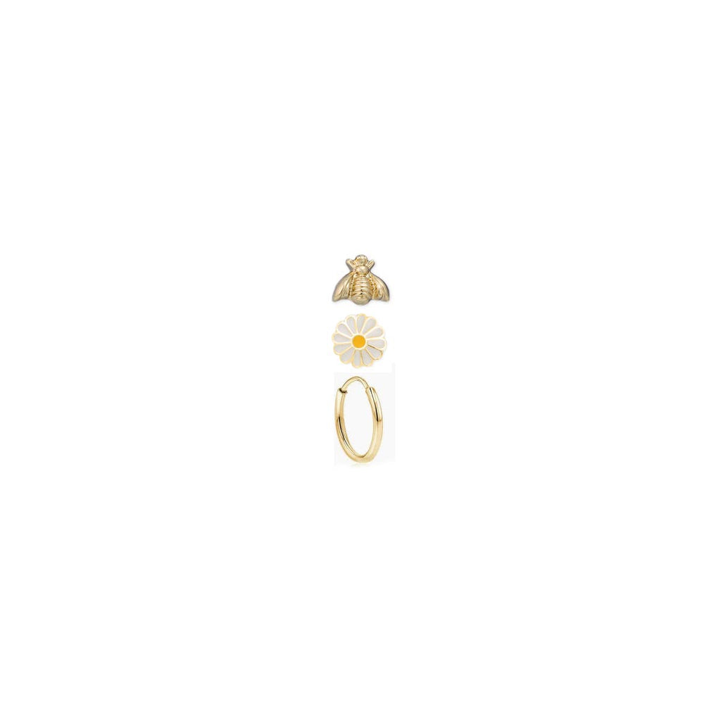 Gold Bee Flower Post Hoop Earrings Set