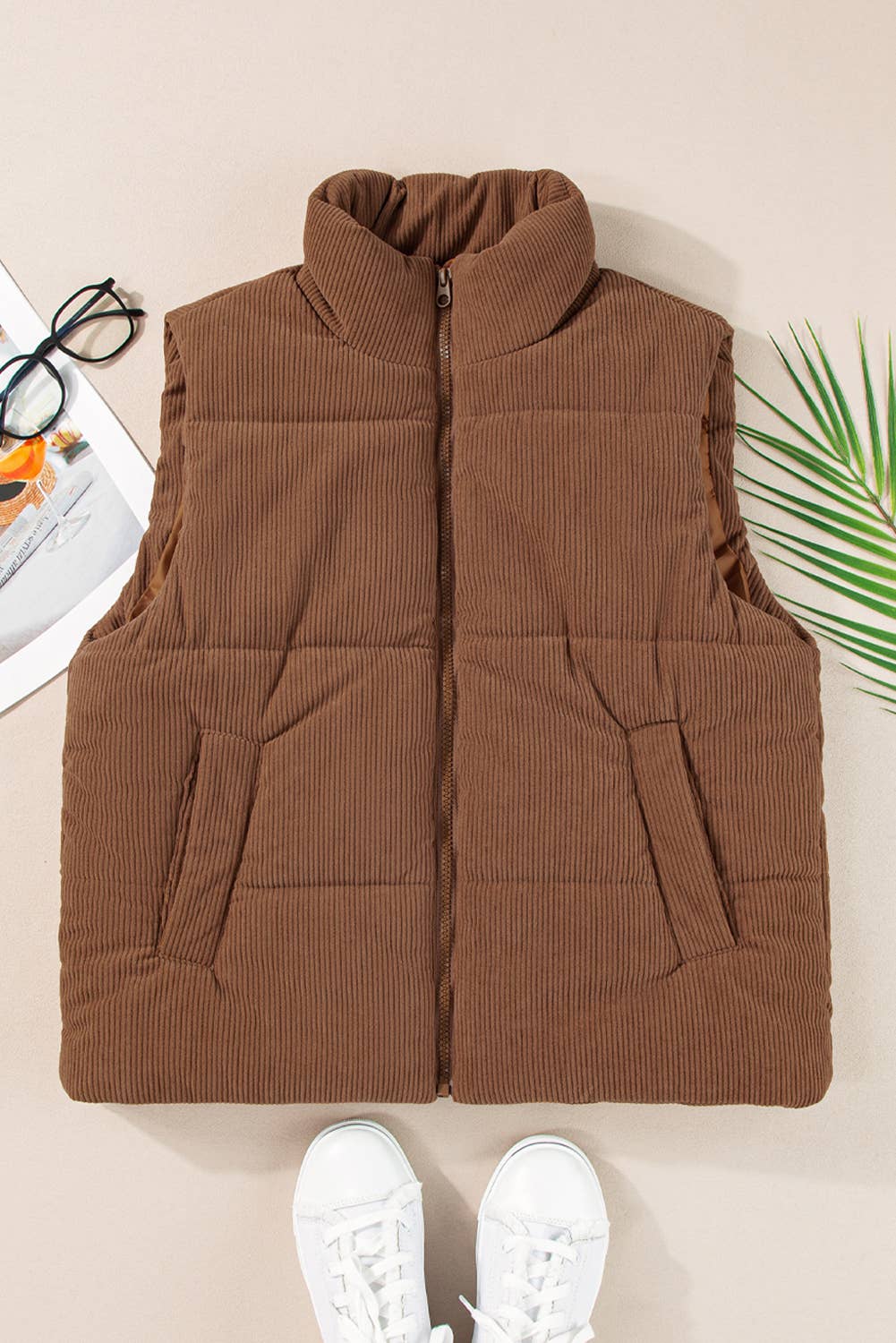 Womens Corduroy Stand Neck Zipped Puffer Vest
