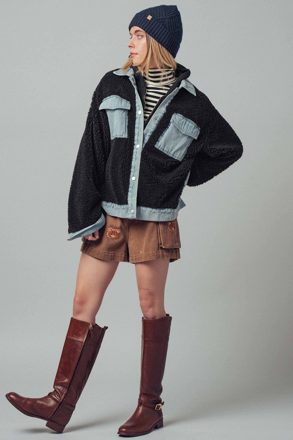 Denim Contrast Sherpa Mixed-Media Shacket