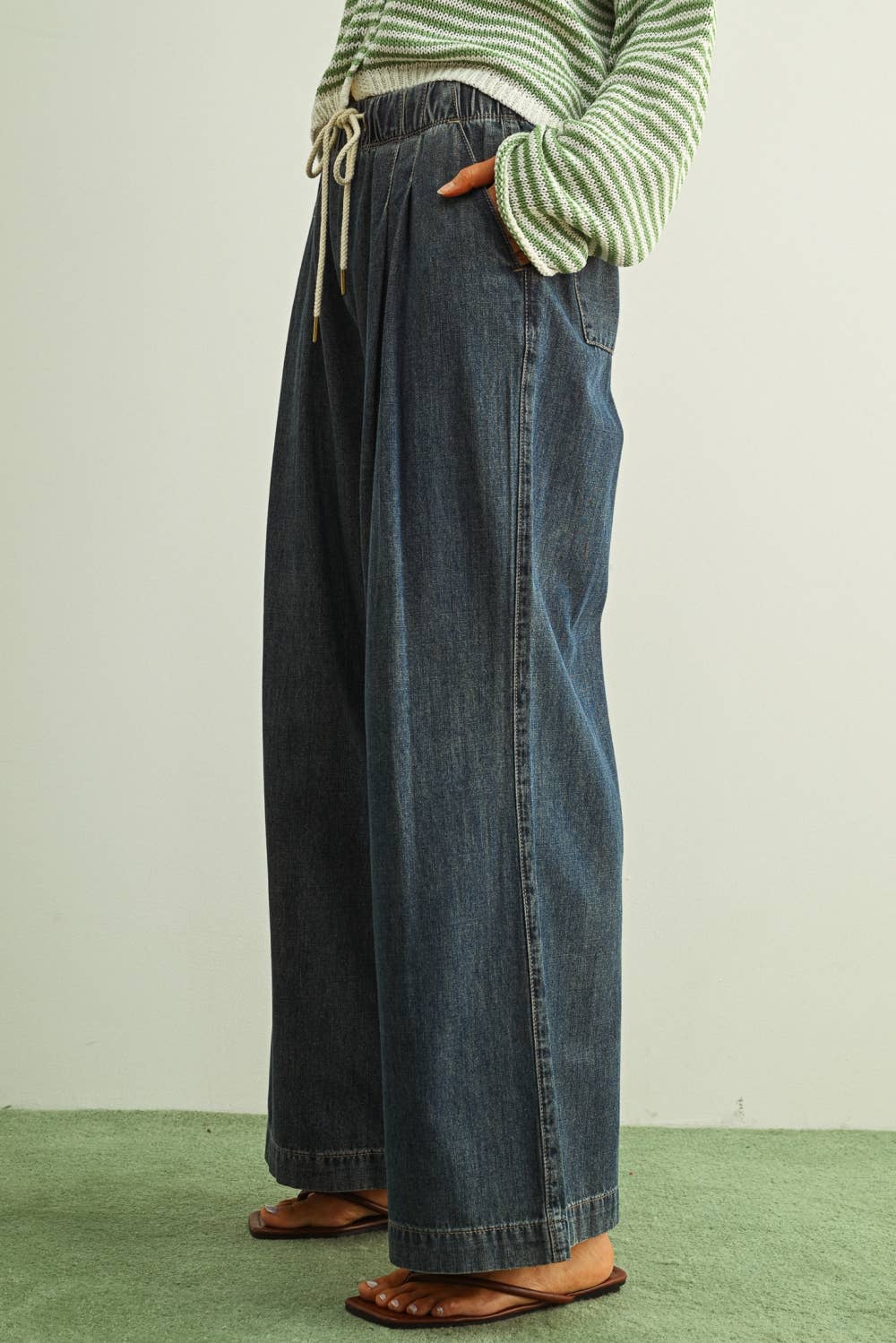 STRAIGHT WIDE LEG WITH ELASTIC BANK WAIST PANTS