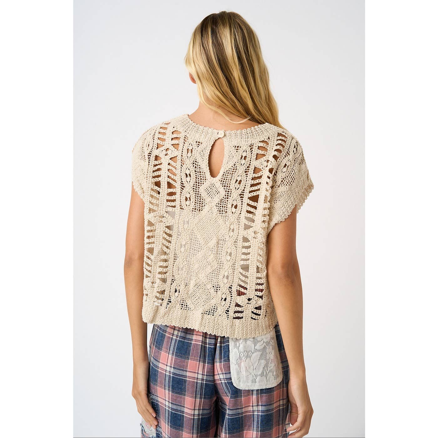 CROCHET OPEN KNIT SHORT SLEEVE SWEATER TOP