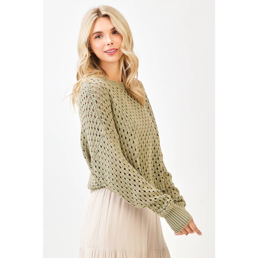 MINERAL WASH OPEN KNIT LONG SLEEVE SWEATER TOP