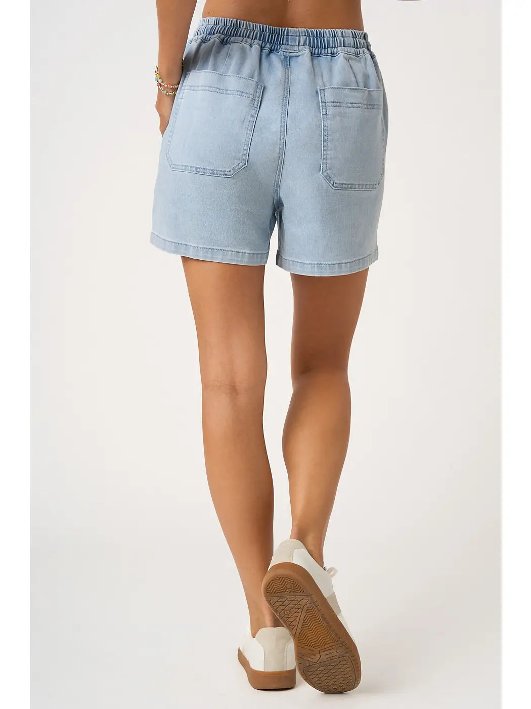 Washed Denim Drawstring Patch Pocket Shorts