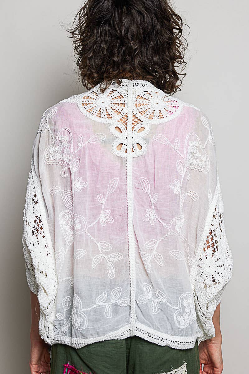 Batwing Sleeve Button Down Solid Crochet Cardigan Top