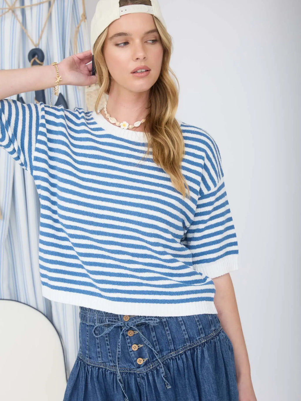 Stripe Contrast Trim Short Sleeve Knit Sweater
