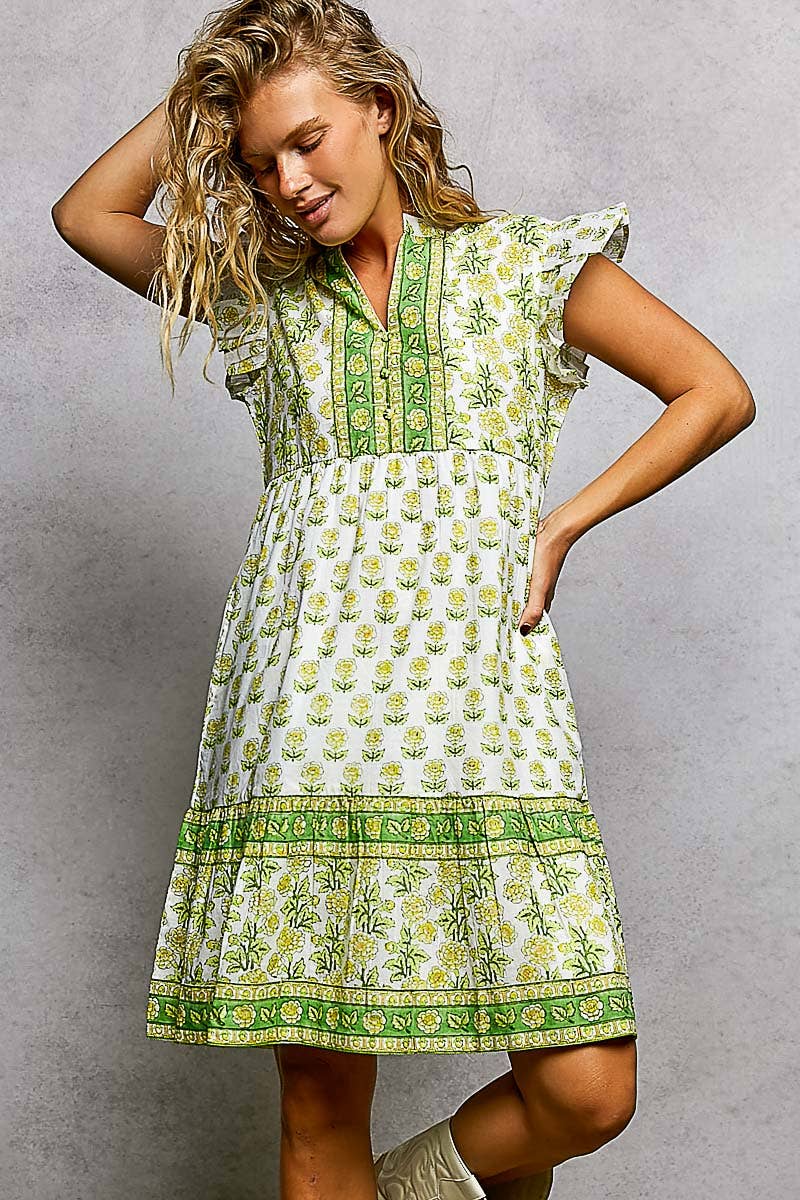 Boho Floral Print Ruffle Sleeve V-Neck Midi Dress