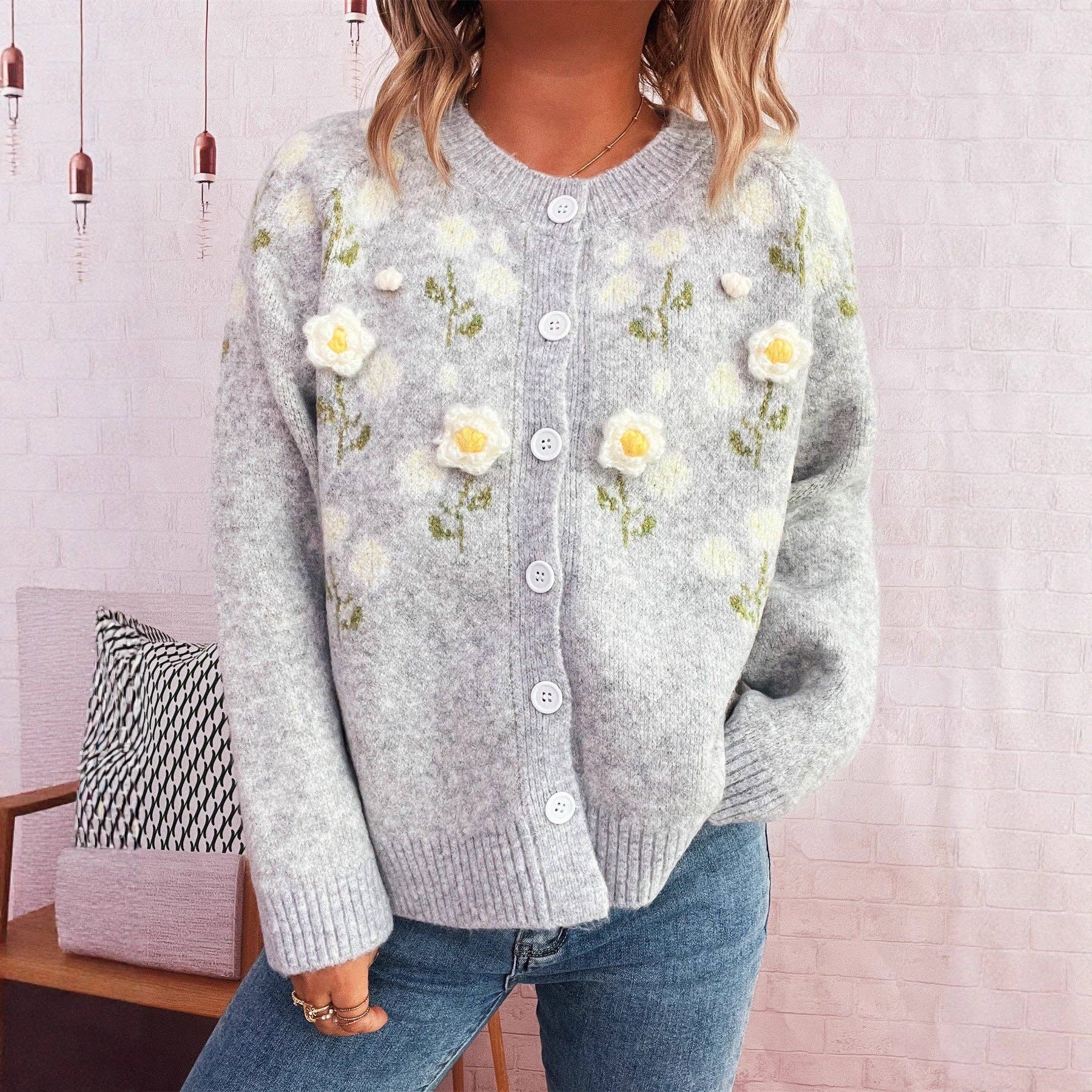 Women's Floral Embroidered 3D Flower Sweater Cardigan